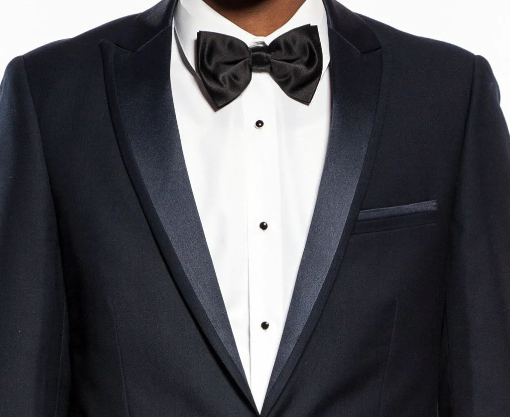Navy Blue Slim Fit Tuxedo Suit 2-Piece Set with Satin Peak Lapel for Men - Perfect for Weddings, Prom, Black Tie Events & Formal Occasions
