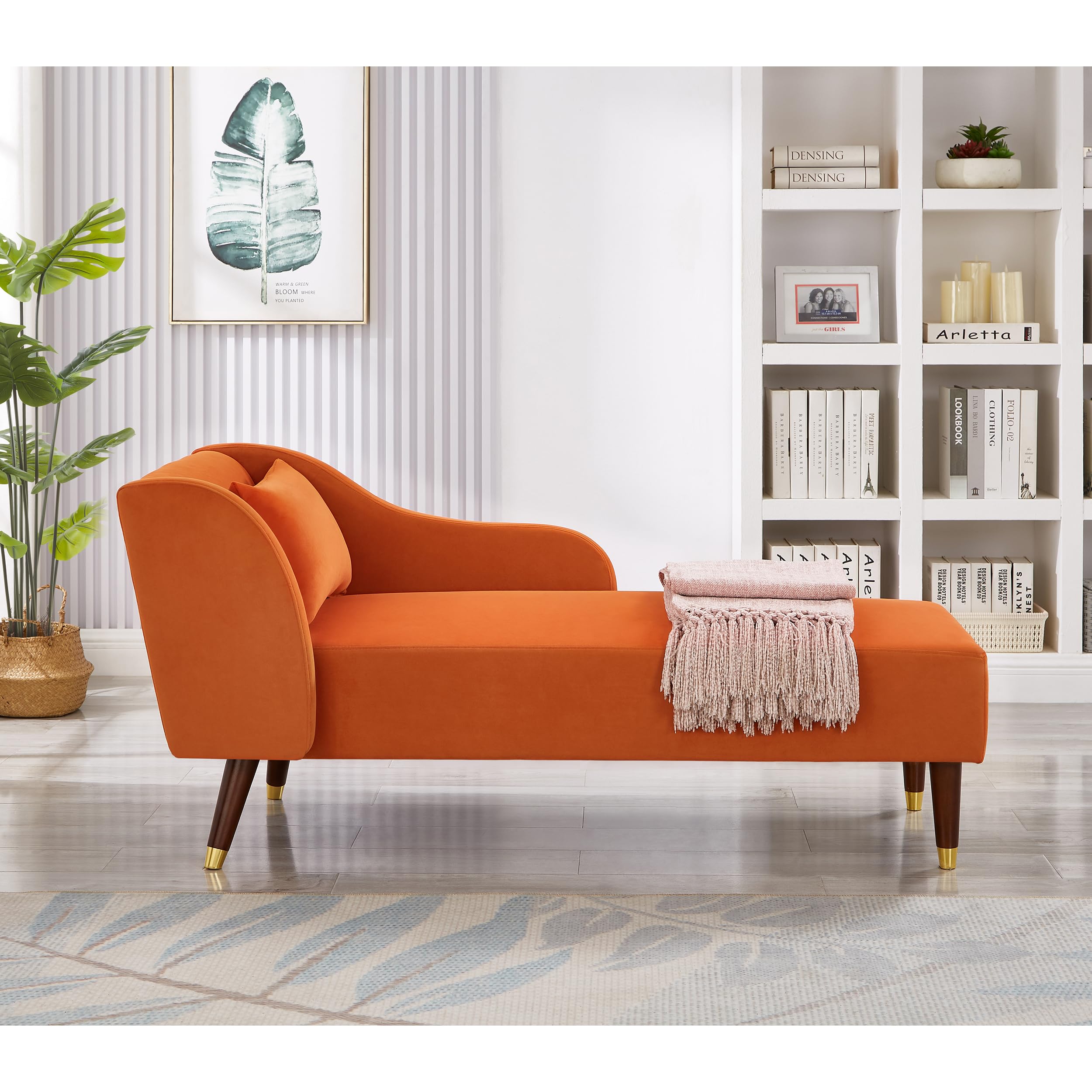 Velvet Upholstered Chaise Lounge Chair with Pillow - Solid Wood Legs Modern Indoor Lounge Chair for Living Room, Bedroom & Office - Comfortable Orange Accent Furniture for Relaxing, Reading & Napping