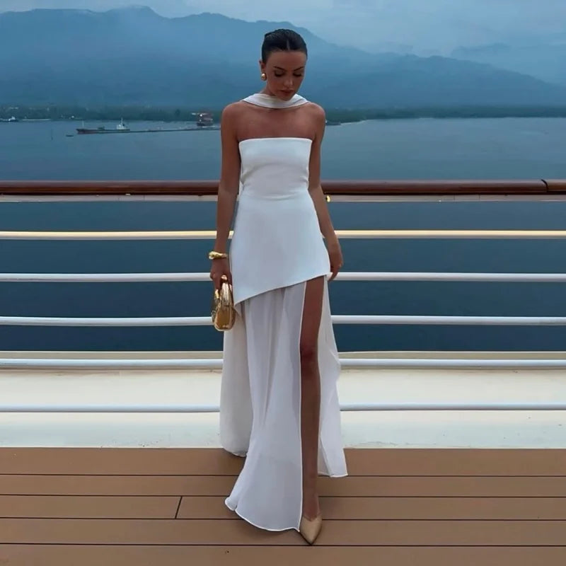 Elegant Off Shoulder Irregular Hem Dress with Scarf - Women's Sleeveless Backless Slim Fit Long Maxi Dress for Summer 2025 | Perfect for Beach Parties, Weddings, and Evening Events