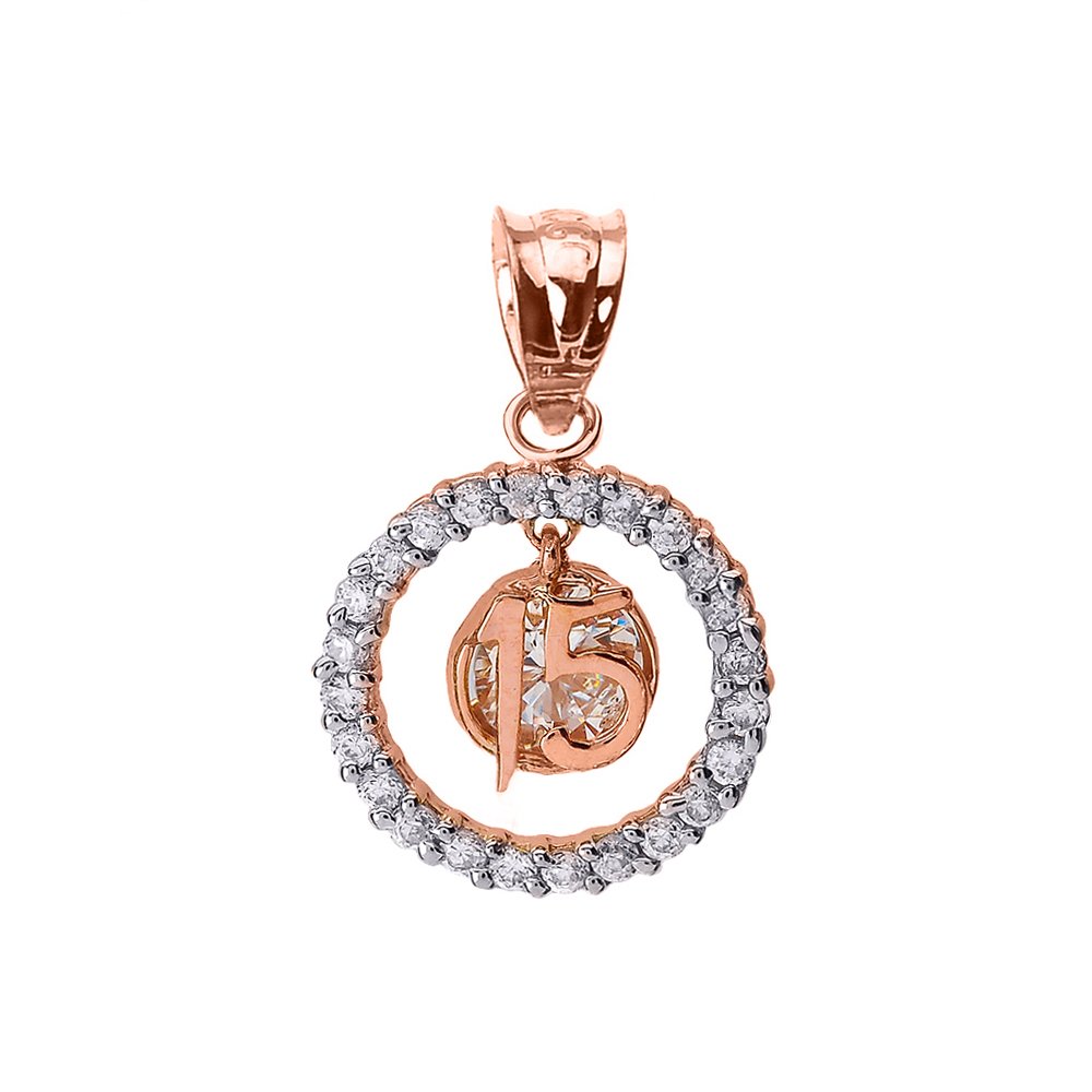 10K Two-Tone Rose Gold Sweet 15 Años Quinceanera Pendant Necklace with Cubic Zirconia Round Stones - Elegant Birthday Gift for Teen Girls, Perfect for Quinceañeras, Sweet 16 Parties & Special Occasions