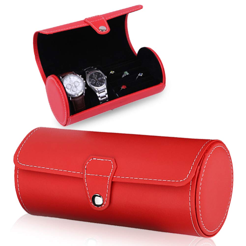 Premium PU Leather Watch Box Display Case with Roll Watch Rings - Jewelry Organizer & Gift Box for Men & Women (Red) - Perfect for Watch Collections, Earrings Storage & Luxury Gift Giving