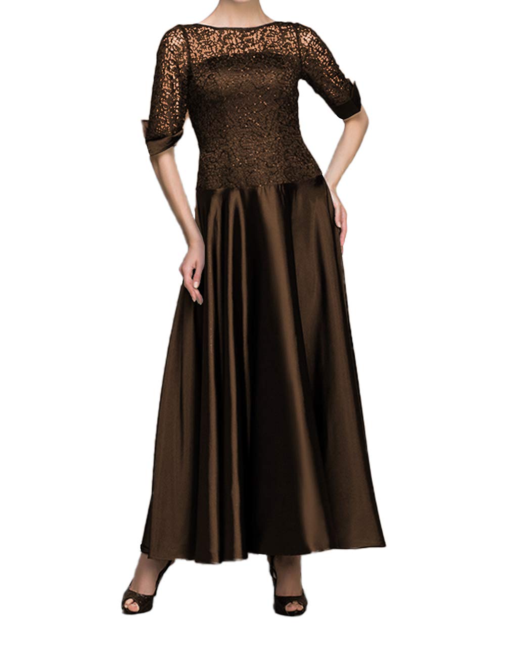Elegant Tea-Length Mother of the Bride Dress - Long Sleeve Satin Formal Evening Gown for Women | Wedding Guest, Cocktail Party & Special Occasion Attire