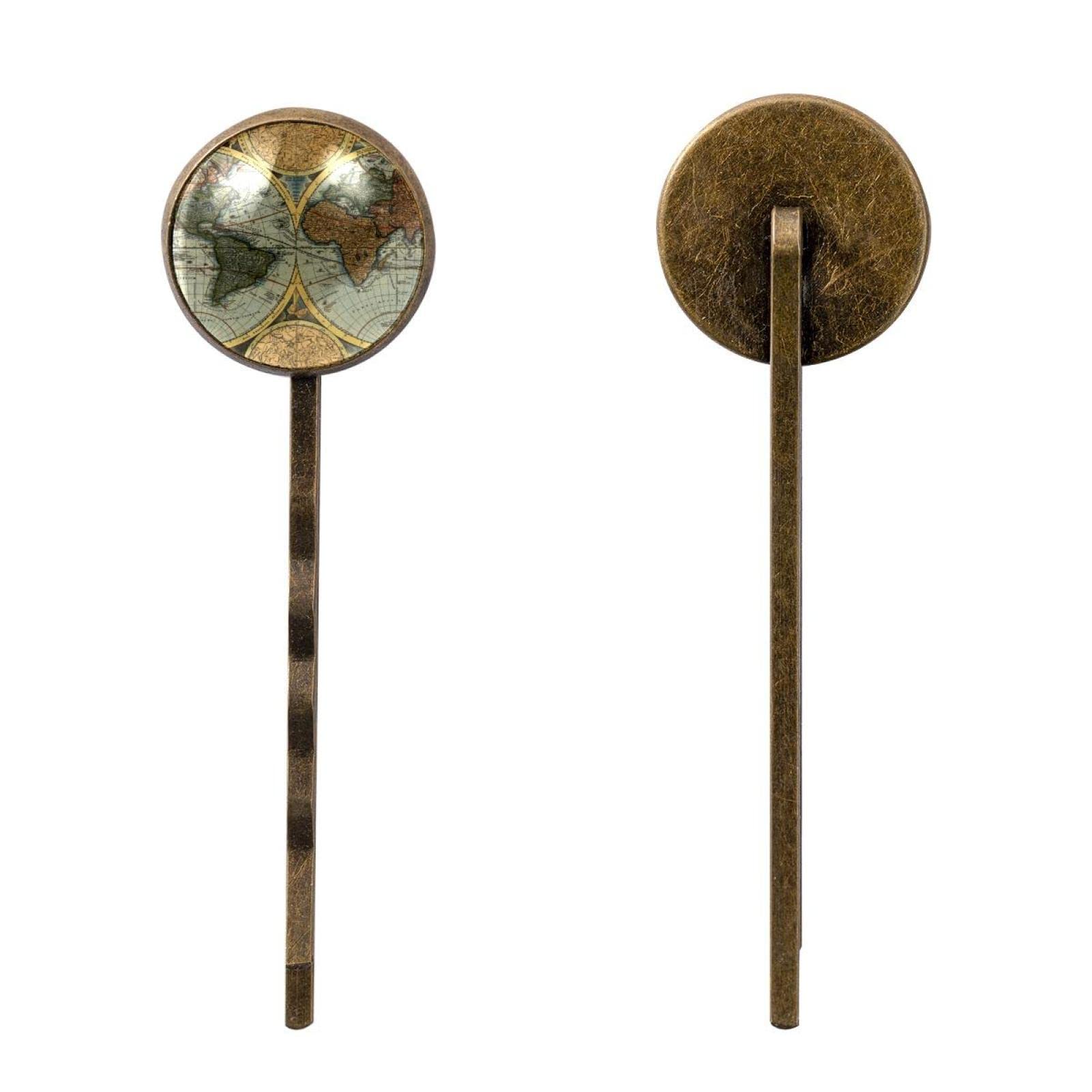 Vintage Metal Hair Clips 4pcs - Retro Hairpins for Women & Girls - Old Map Design for Daily Styling