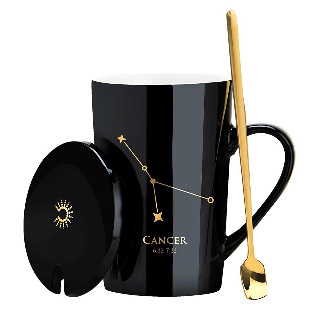 12 Constellation Ceramic Mugs with Spoon Lid - 400ml Black Cancer Zodiac Coffee Cup for Milk, Tea & Hot Drinks - Perfect for Home, Office & Gift Giving