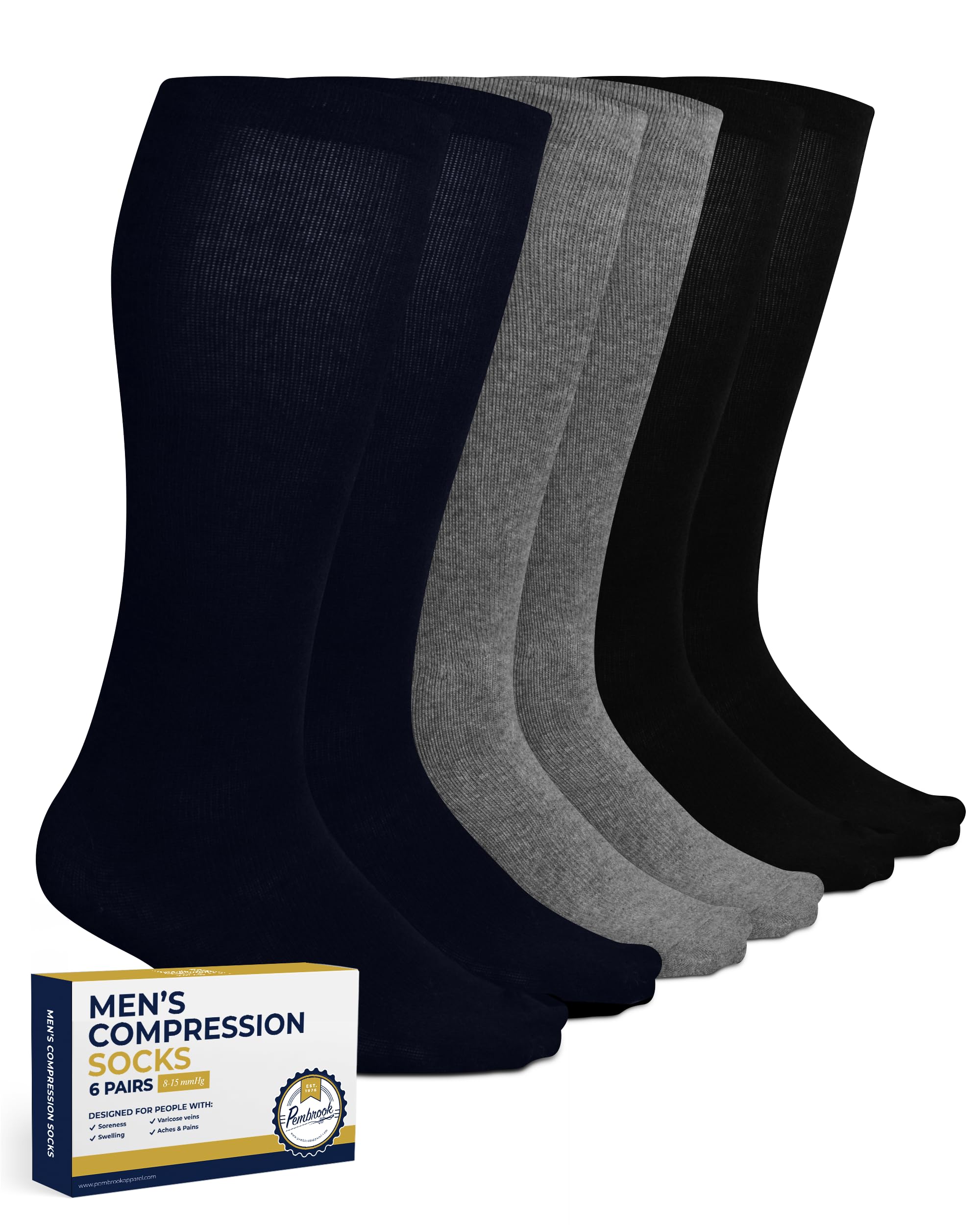 Pembrook Men's Light Compression Socks 6-Pack (8-15 mmHg Graduated Support) - Best for Running, Travel & Circulation - Size 9-12 for Daily Comfort & Performance