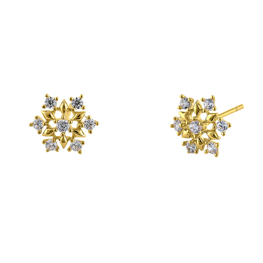 14K Yellow Gold Snowflake CZ Stud Earrings for Women - Hypoallergenic Cubic Zirconia Holiday Jewelry Gift for Christmas, Winter Parties & Special Occasions