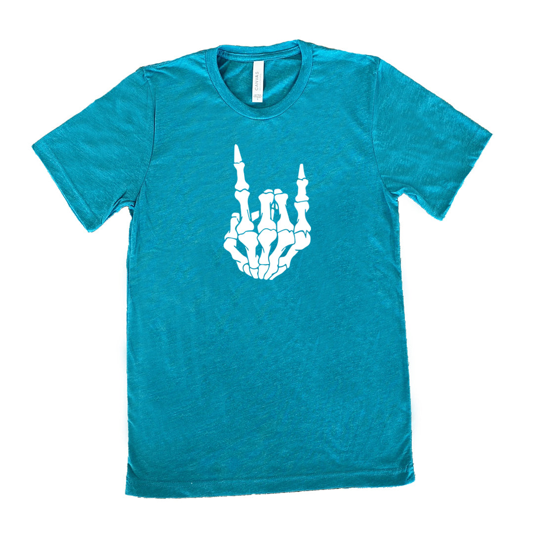 Unisex Rocker Skeleton Hand Graphic T-Shirt | Cool Skull Print Tee for Men & Women | Perfect for Halloween, Concerts & Gothic Fashion
