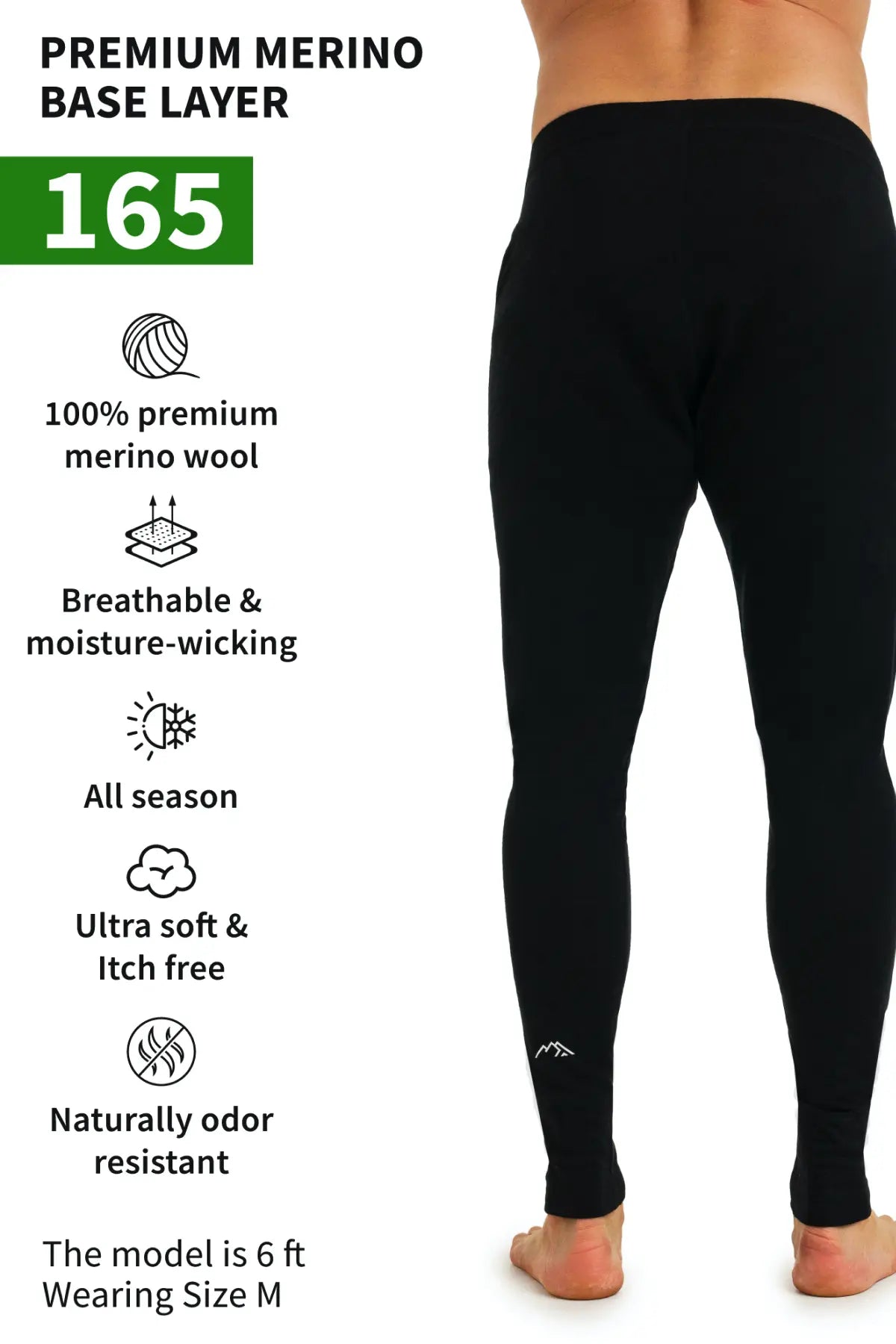 Premium Men's Merino Wool Pants - 165 GSM, Black | Soft & Breathable Base Layer for Hiking, Travel & Winter Comfort