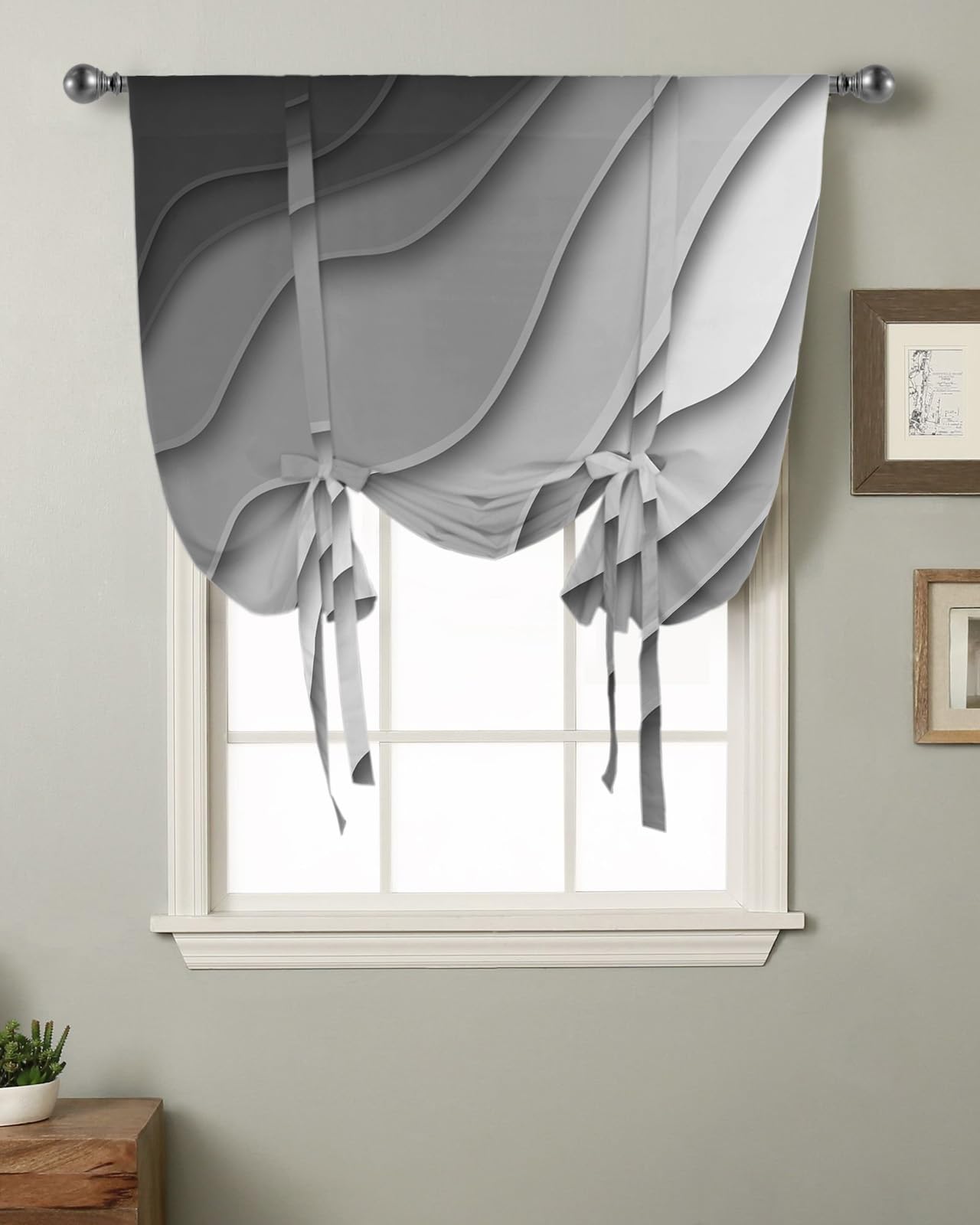 Modern Abstract Tie Up Kitchen Curtains - Gray Striped Geometric Ripple Line Balloon Shade with Rod Pocket, 42