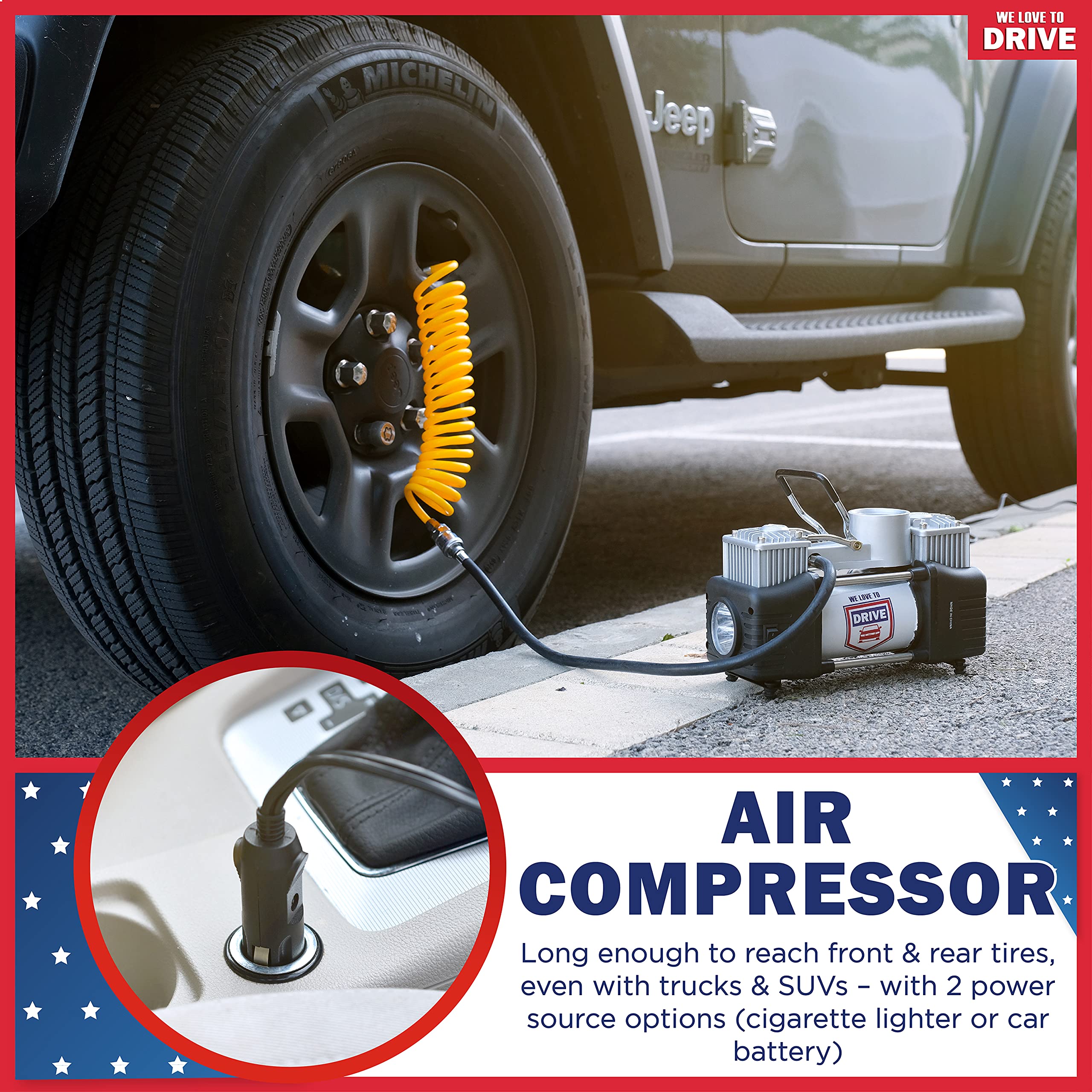 Portable 12V Air Compressor for Car Tires - 150PSI Tire Inflator with Repair Kit | Emergency Roadside Use