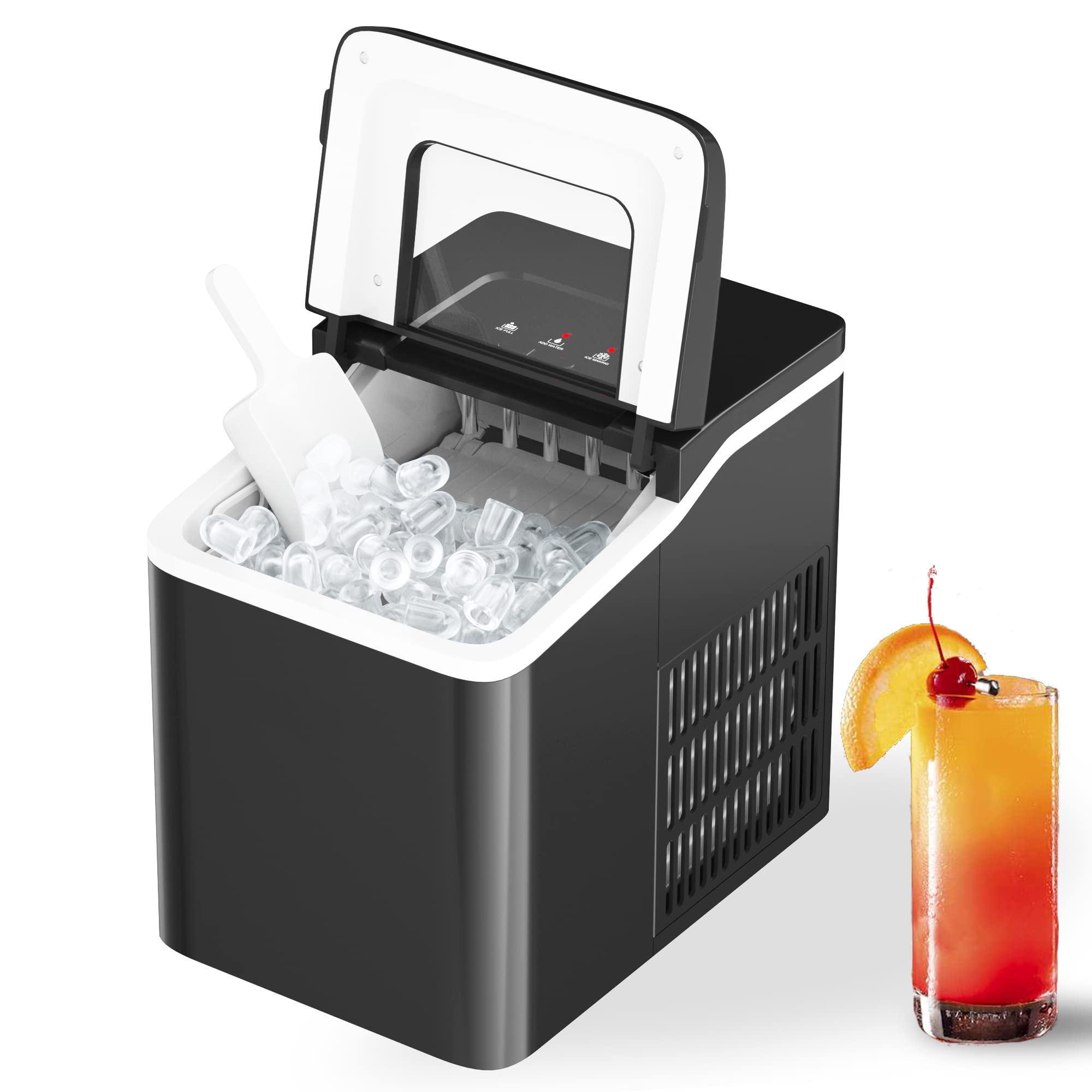 Portable Ice Maker - Mini Countertop Ice Machine with Automatic Cleaning & Scooper - Makes 9 Cubes in 8 Minutes (Black) - Perfect for Home, Office, RV & Outdoor Parties