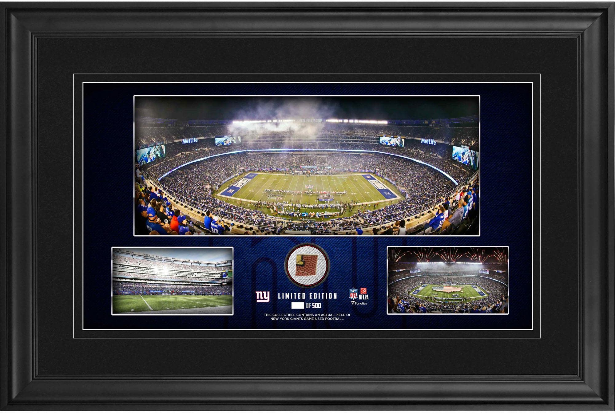 New York Giants Framed 10x18 Inch Stadium Panoramic Collage with Authentic Game-Used Football - Limited Edition 500 - NFL Memorabilia for Sports Fans & Man Cave Decor