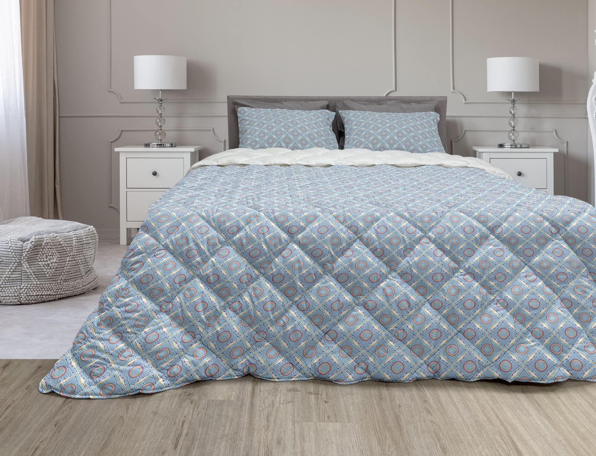 Ambesonne Mandala Comforter Set 3-Piece Full Size - Soft Microfiber Boho Bedding with Geometric Design in Pale Azure Blue & Mustard | Perfect for Bohemian, Asian-Inspired & Modern Bedrooms