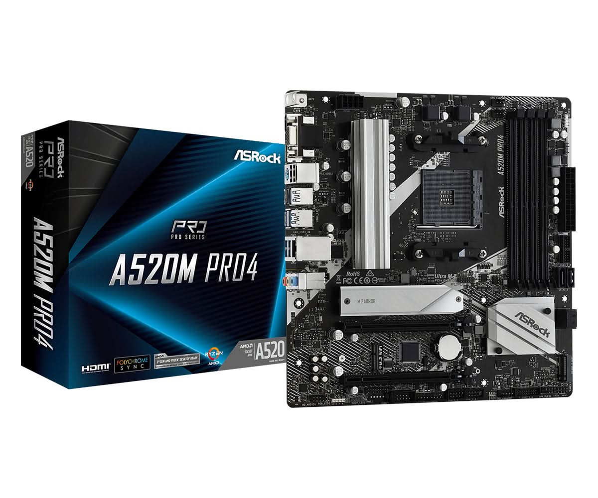 ASRock A520M PRO4 Socket AM4 Micro ATX Motherboard - AMD Ryzen Compatible | Gaming PC & Home Office Desktop Build