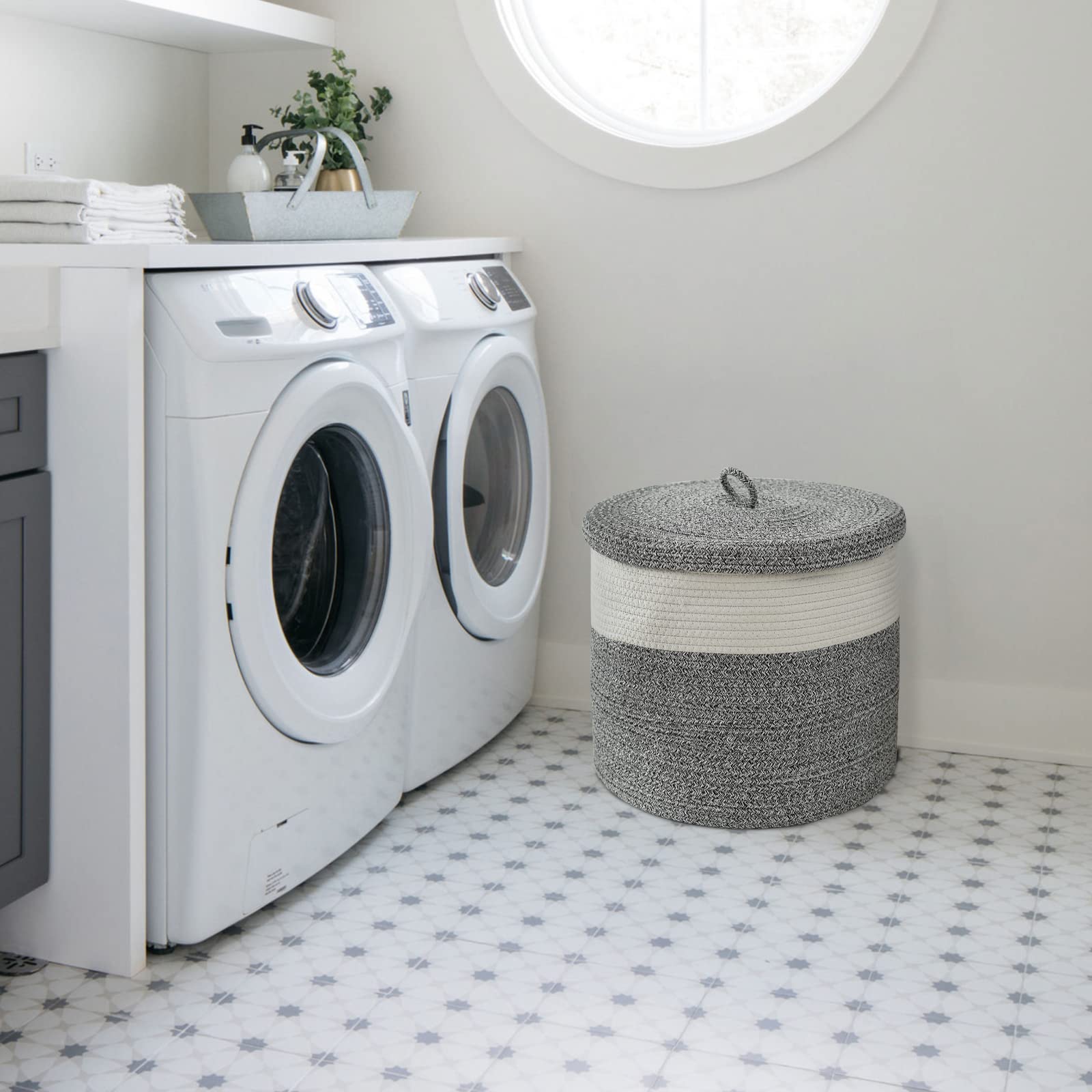 Large Woven Cotton Rope Storage Basket with Lid - Grey Round Laundry Hamper for Nursery, Living Room & Bedroom Organizers - 16
