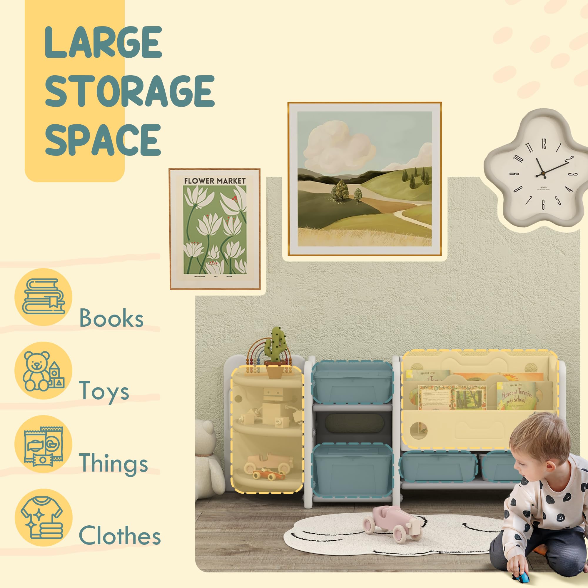 Qaba 4-Bin Toy Storage Organizer with Bookshelves & Racks - Kids Room, Nursery & Playroom Organization - Cream White Toy Box for Easy Cleanup & Child Development