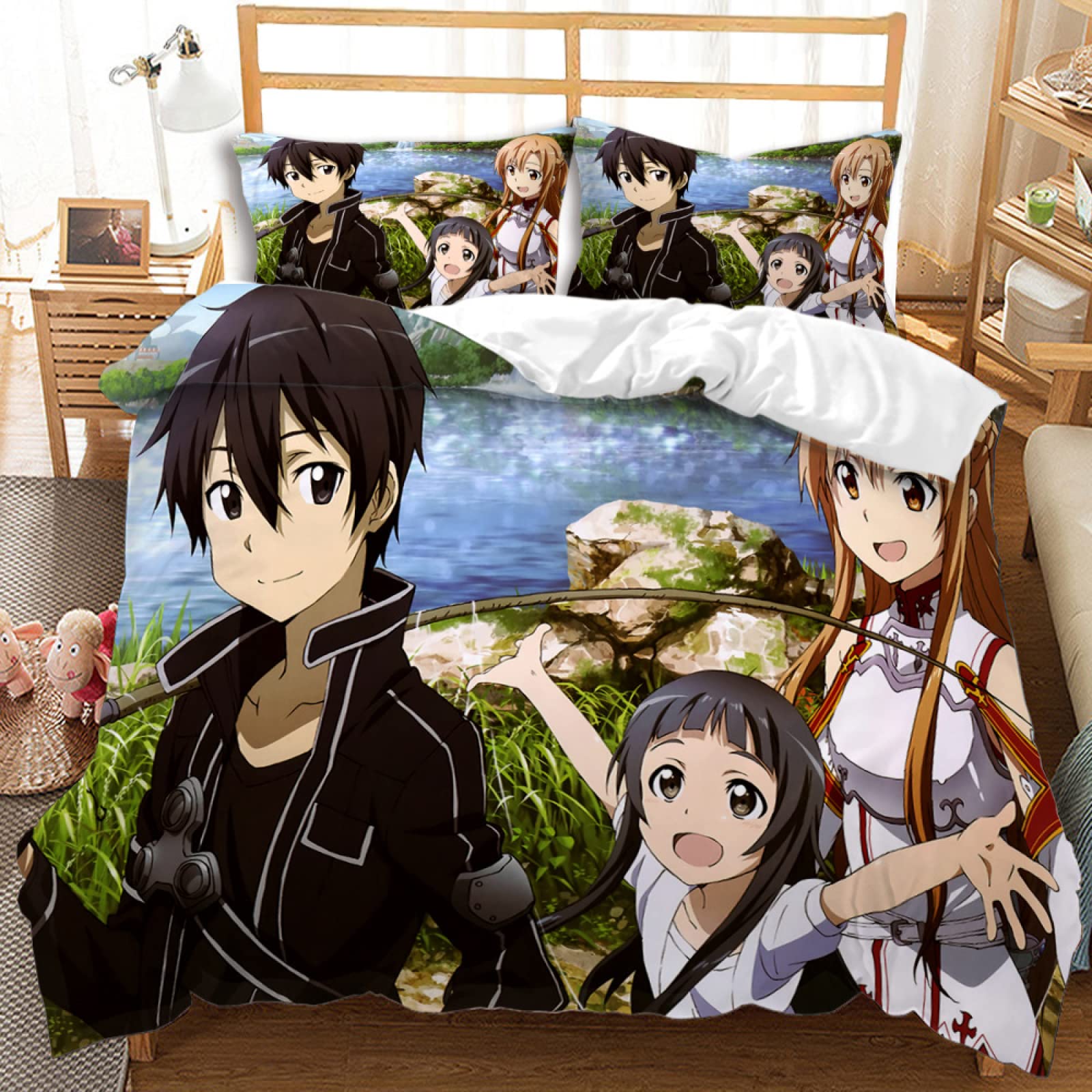Japan Anime Sword Art Online Bedding Set - 3D Printed Cartoon Manga Duvet Cover & Pillowcase (102x90 inches) - Luxury Gaming Themed Bedding for Anime Fans & Gamers - Perfect for Cosplay Rooms, Gaming Setups & Anime Themed Bedrooms