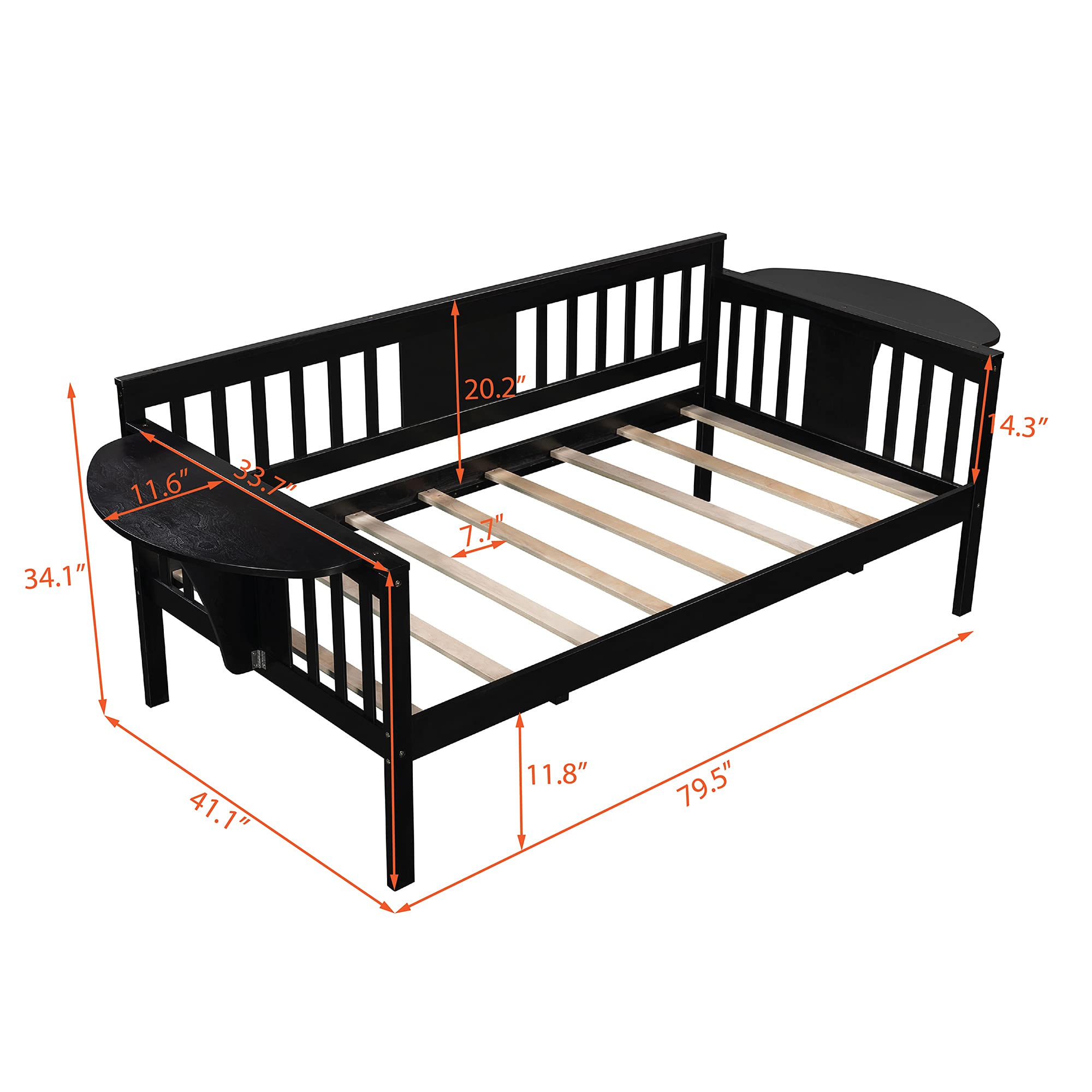 Twin Size Wooden Daybed with 2 Side Tables & 8-Slat Support - No Box Spring Needed - Espresso Finish - Perfect for Guest Rooms, Dormitories & Small Spaces