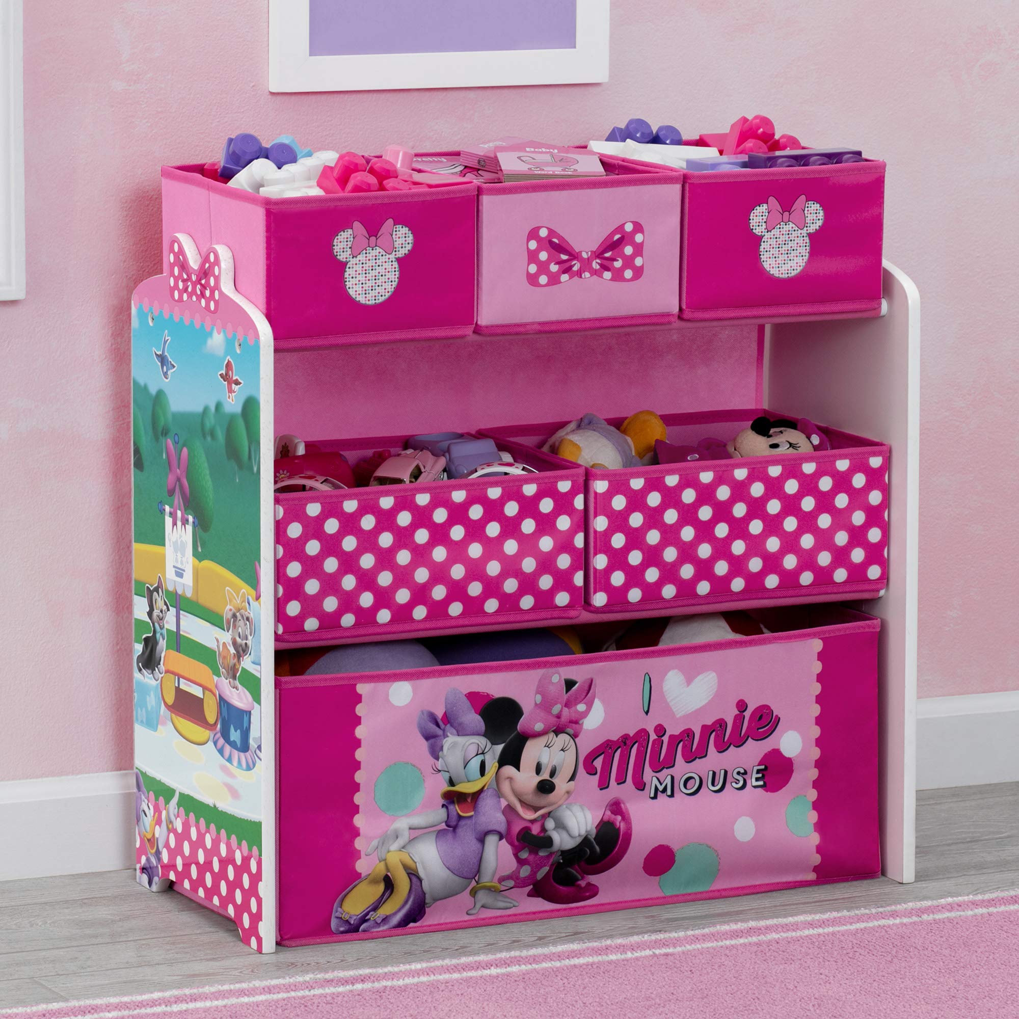 Disney Minnie Mouse Kids Upholstered Chair with 6-Bin Toy Storage Organizer Set - Soft Pink Plush Chair & Toy Box for Girls' Bedroom, Playroom, or Nursery - Delta Children UP83517MN Collection