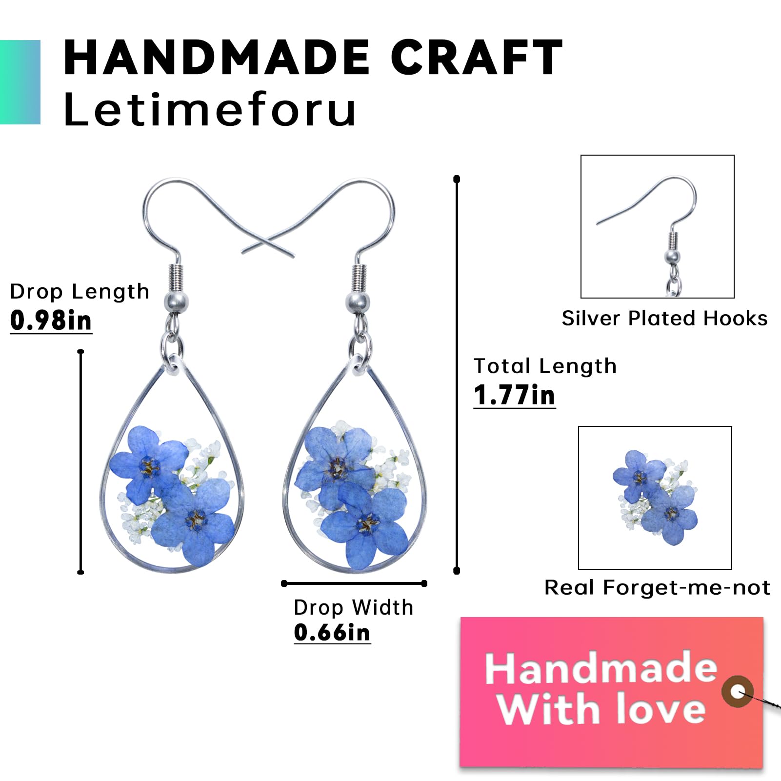 Pressed Forget Me Not Handmade Earrings - Real Flower Dried Resin Jewelry for Women, Silver Teardrop Earrings, Unique Birthday Gift for Her - Perfect for Weddings, Anniversaries & Special Occasions