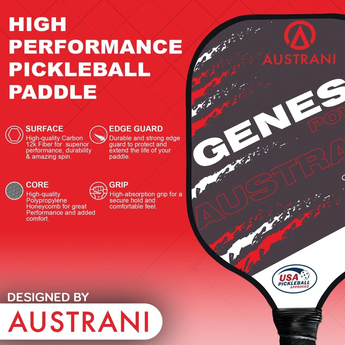 Austrani Genesis Power Pickleball Paddle - Carbon Fiber Face with Cushion Grip - USAPA Approved for Tournament Play - Perfect for Indoor/Outdoor Courts & Competitive Matches