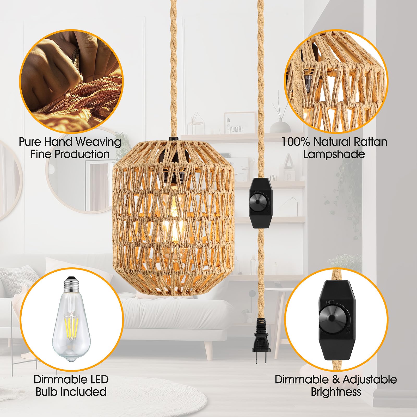 Dimmable Rattan Plug-In Pendant Light with 15FT Hemp Rope Cord - Wicker Woven Basket Lampshade Industrial Ceiling Fixture for Kitchen, Dining Room, Bedroom & Living Room (Brown)