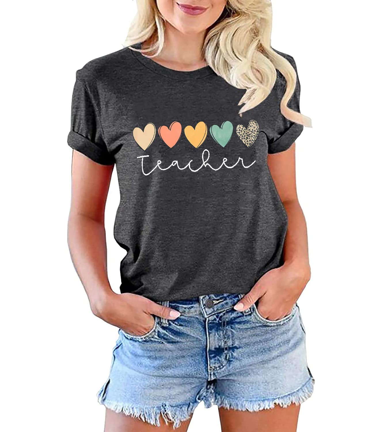 Cute Hearts Graphic Teacher T-Shirt for Women - Boho Style Short Sleeve Casual Summer Top - Perfect for Classroom, Teacher Appreciation Week & Back to School Outfits