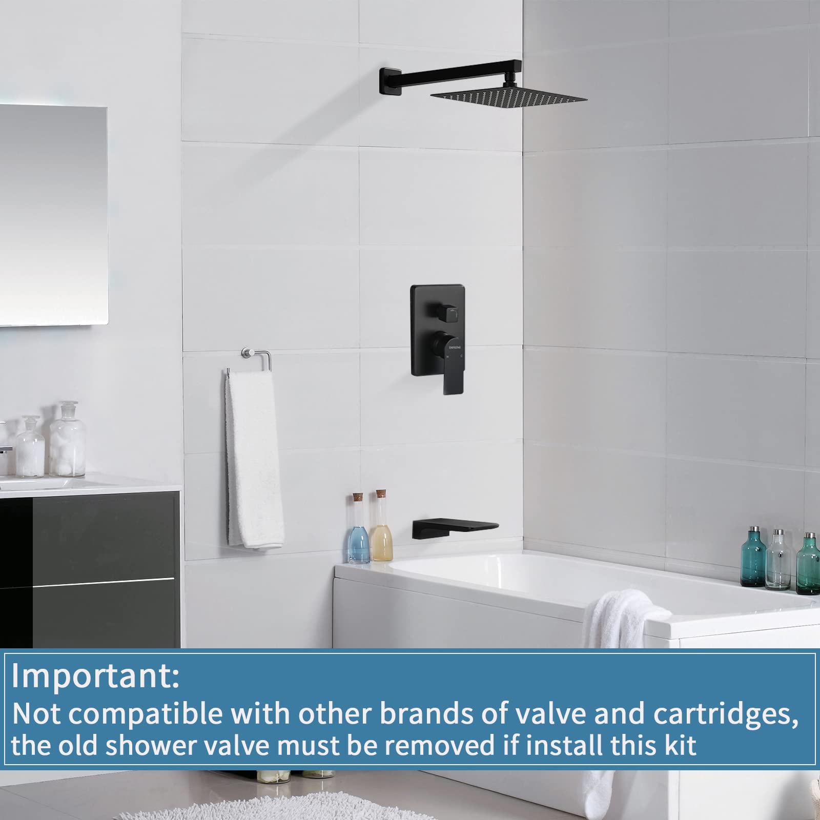 Premium Matte Black Shower Faucet Set with Waterfall Tub Spout - Complete Wall Mounted Shower System with Rough-in Valve for Bathroom Renovation | Perfect for Modern Home Spa Experience