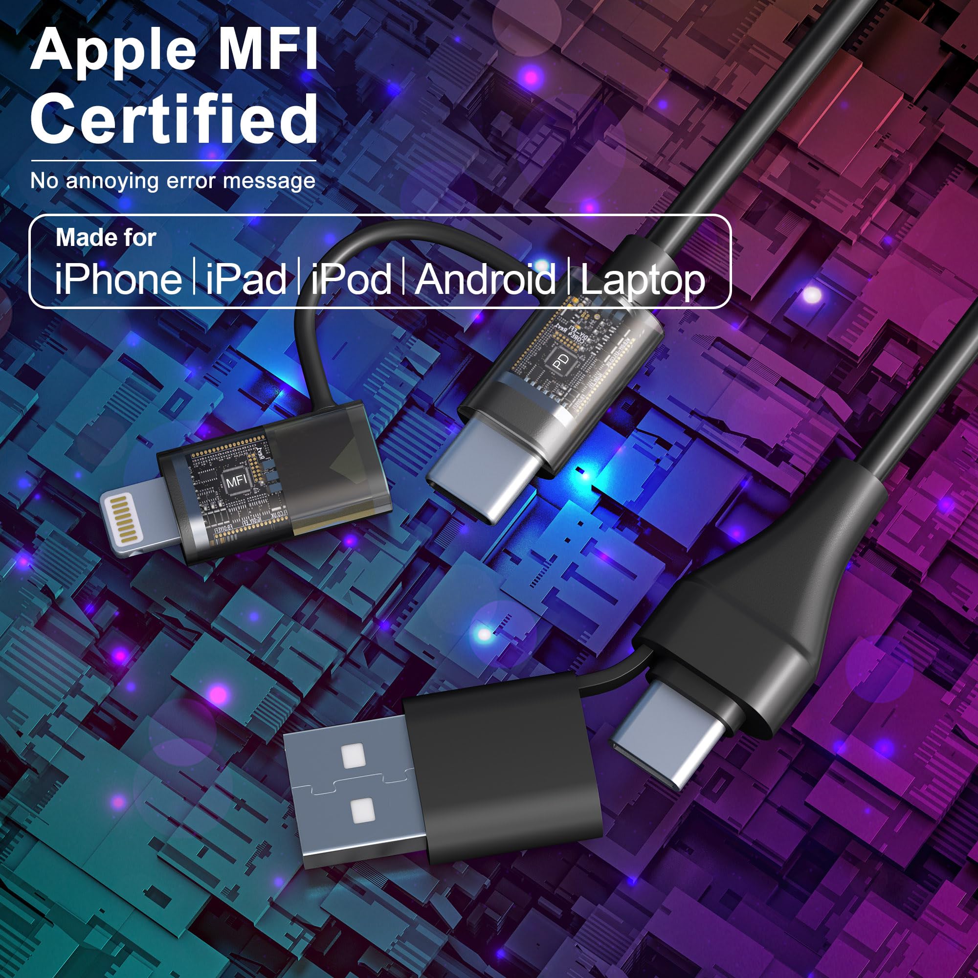 4-in-1 USB C & Lightning Charging Cable 60W PD Fast Charge with MFi Certification - Short Coiled Cable for iPhone 15/14, Android, iPad, Laptop - Supports CarPlay & Android Auto - Perfect for Car, Home & Office Charging
