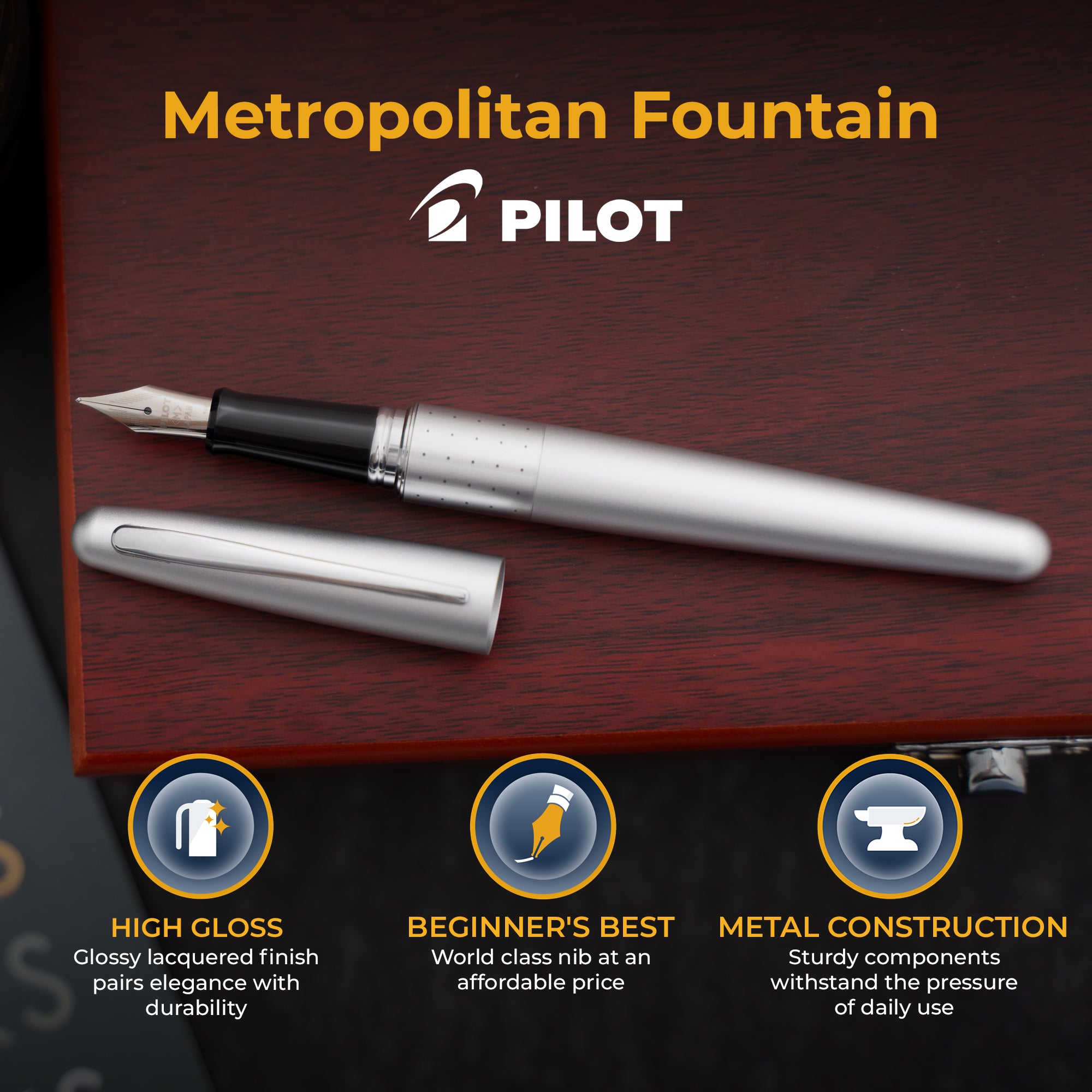 Pilot Metropolitan MR Fountain Pen - Matte Silver Dots Fine Point Calligraphy Pen for Writing, Journaling & Office Use