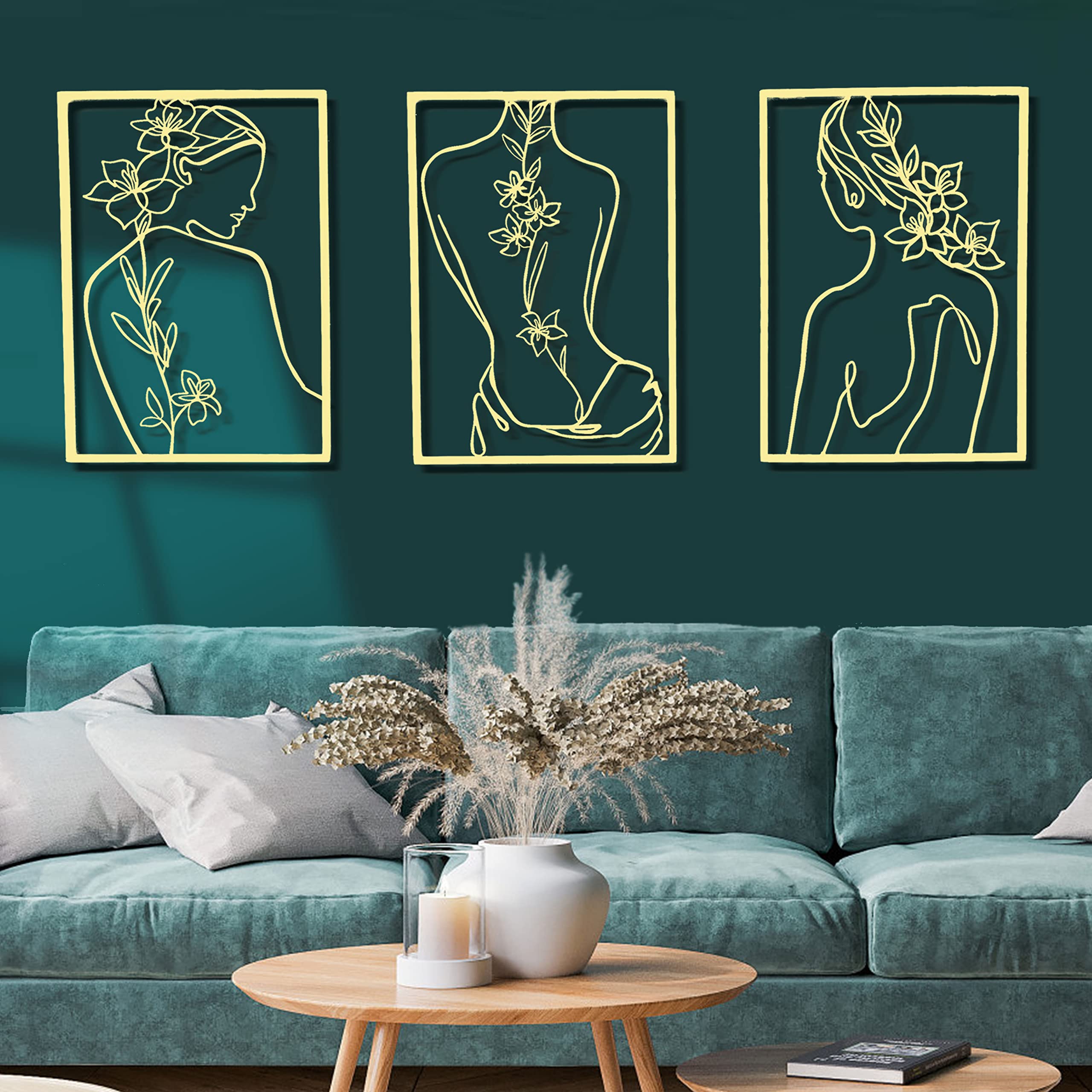 Remenna Minimalist Abstract Line Art Wall Decor - Set of 3 Modern Metal Wall Hangings for Living Room, Bedroom, Bathroom | Women's Body Face Silhouette Art in Gold | Home & Office Aesthetic Decor