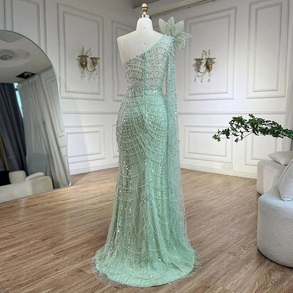 Elegant Sage Green Mermaid One-Shoulder Evening Gown with Pearl Embellishments - Luxury Dubai Arabic Dress for Women - Perfect for Weddings, Galas & Formal Parties