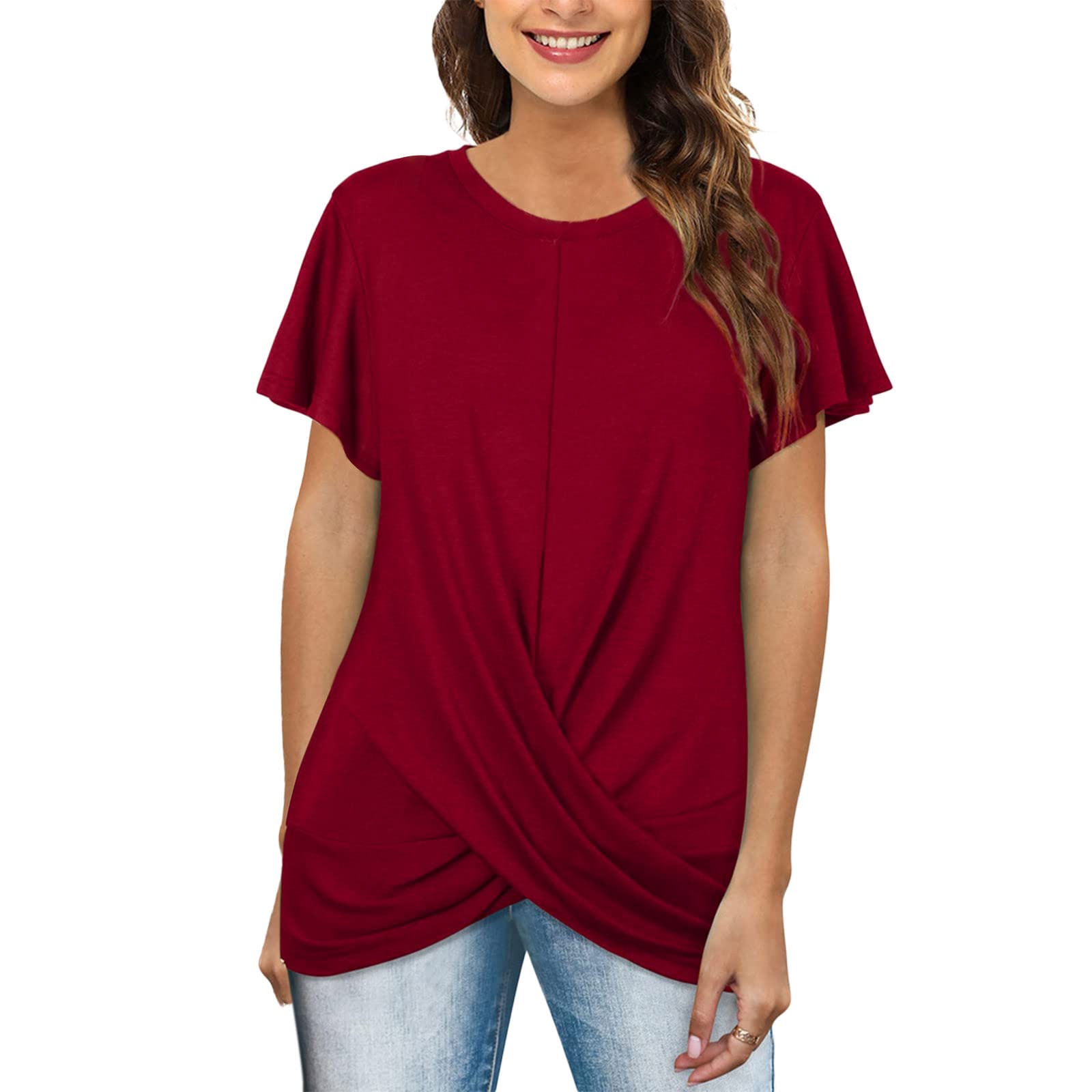 Women's Casual Short Sleeve Twist Front Tunic Blouse - Solid Color Crew Neck Summer Top for Work, Date Night & Vacation Outfits