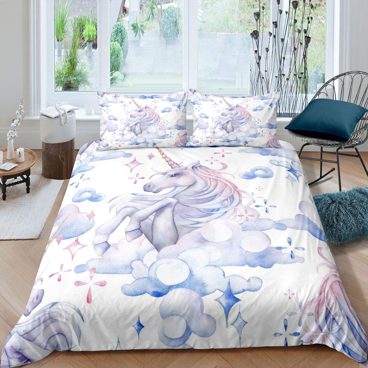 Magical Unicorn Bedding Set for Kids - Twin Size Comforter Cover & Pillowcase (2Pcs) - Cute Sky Unicorn Print, Soft Duvet Cover for Boys & Girls - Perfect for Bedroom Decor, Birthday Gifts & Fantasy Themed Rooms