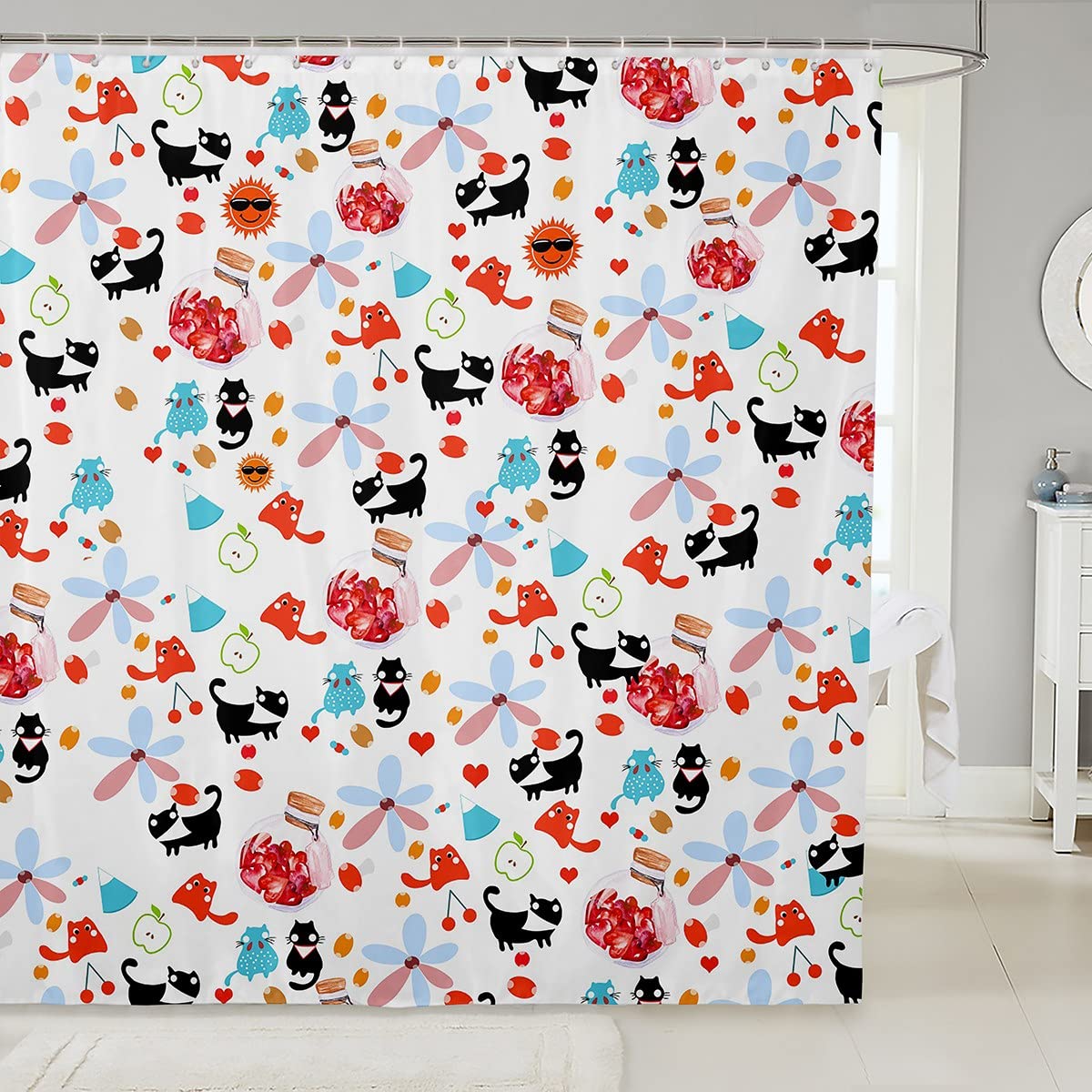 Cute Cartoon Cat Shower Curtain Set - Waterproof Bathroom Decor with Colorful Floral Print (72