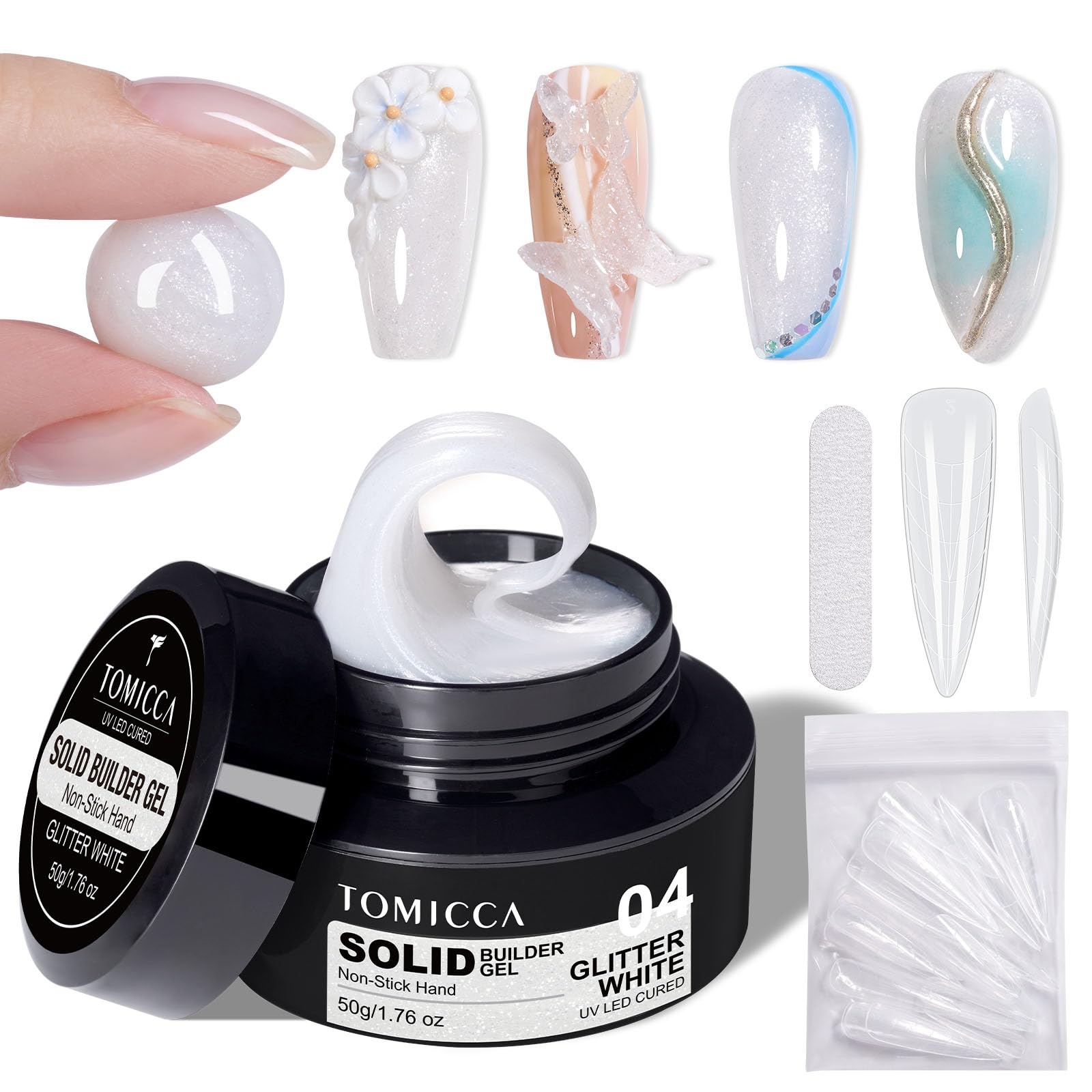 TOMICCA 3D Nail Art Gel - White Sparkle Sculpting Hard Gel for Nail Extensions & Manicures (1.76 oz) | DIY at Home Glitter Gel | Perfect for Salon-Quality Nails & Special Occasions