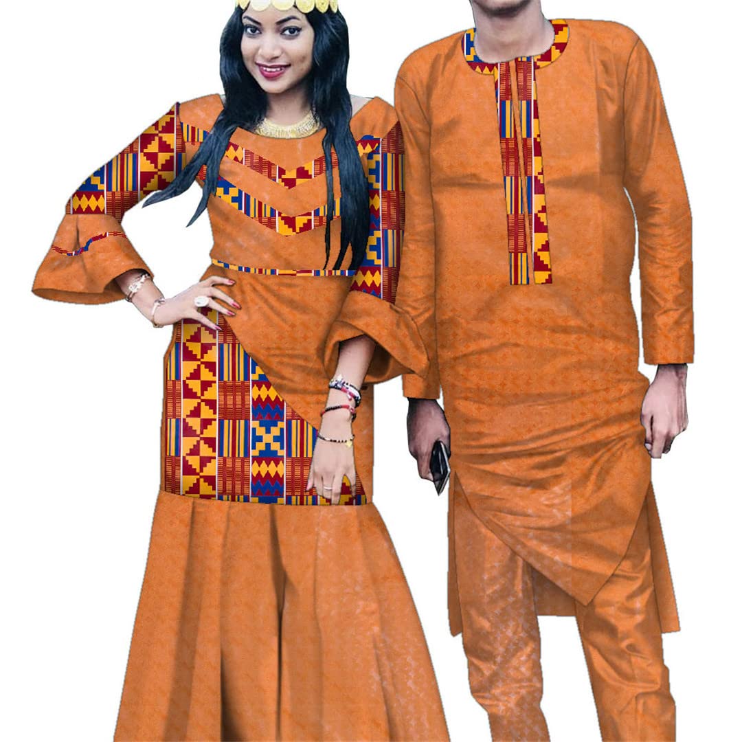 African Couple Dashiki Print Matching Outfits - Men's Long Robe Suit & Women's African Dress Set 24FS1244 S | Traditional Wedding, Anniversary & Cultural Celebration Attire