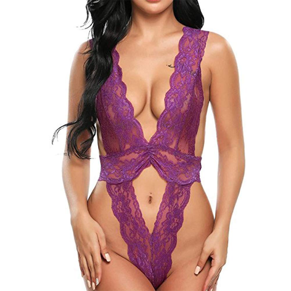 Vedolay Women's Sexy Lingerie Set - Open Back Hollow Lace Pajamas, Thong Underwear & Bodysuit for Date Night, Boudoir, and Special Occasions