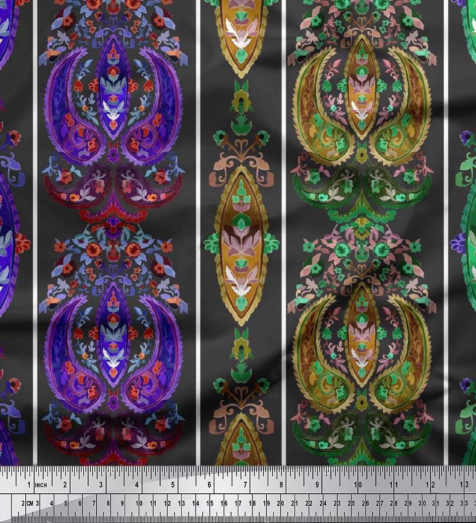 Soimoi Moss Georgette Brown Fabric by The Yard - 42 Inch Wide Stripe & Paisley Ethnic Print - Lightweight Chiffon Material for Dresses, Scarves & Home Decor - Fashionable Bohemian Style Fabric for DIY Sewing Projects