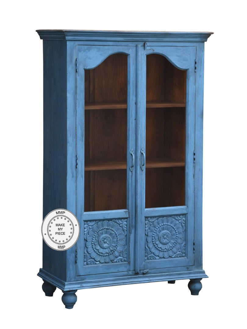 Hand Carved Floral Indian Wooden Bookshelf Cabinet in Blue - Perfect for Home Decor, Living Room Storage & Boho Style Interiors