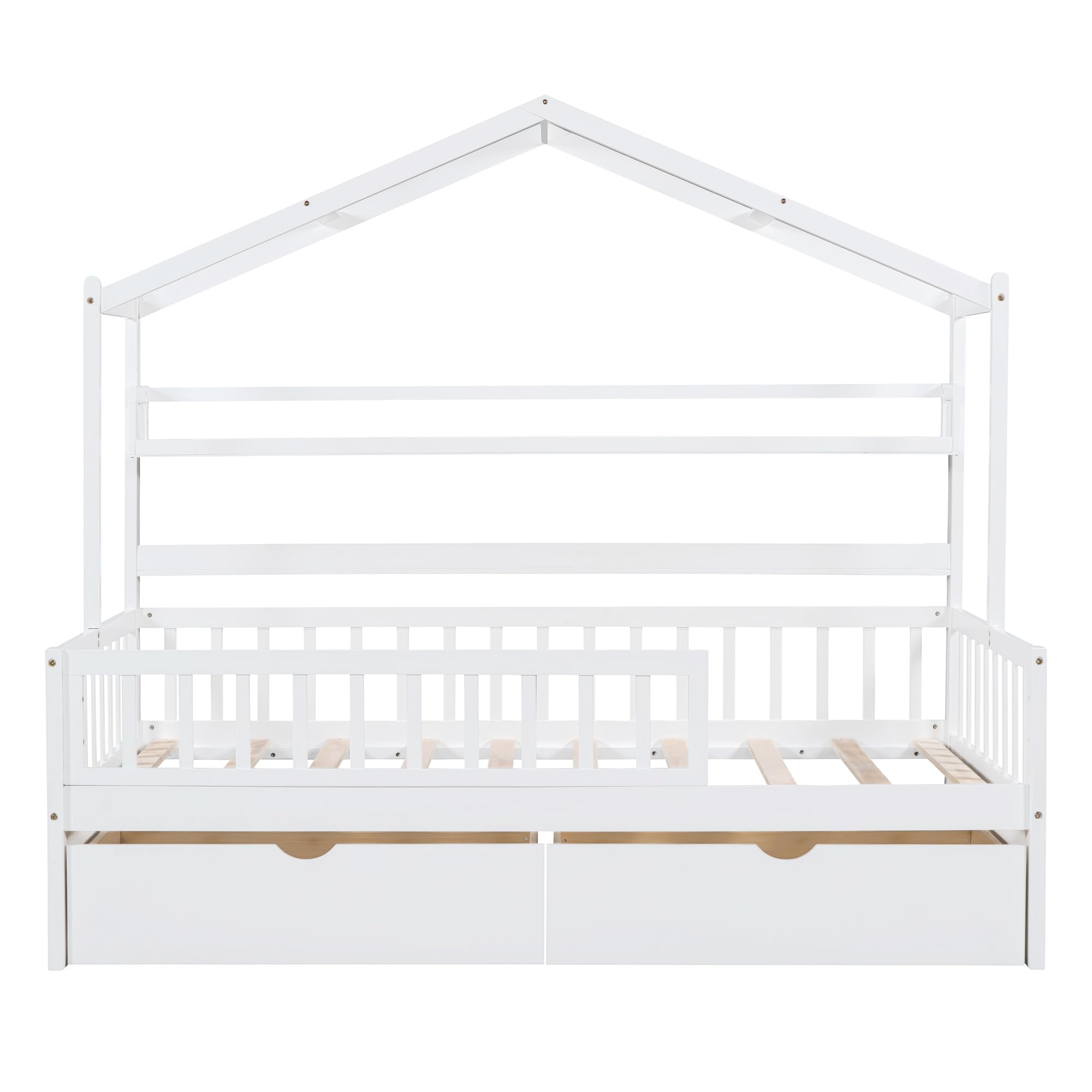 **Wooden Twin Size House Bed with 2 Drawers & Storage Shelf - Kids & Teens Bedroom Furniture for Boys & Girls - Perfect for Small Spaces, Playrooms & Cozy Bedrooms (Twin, White)**