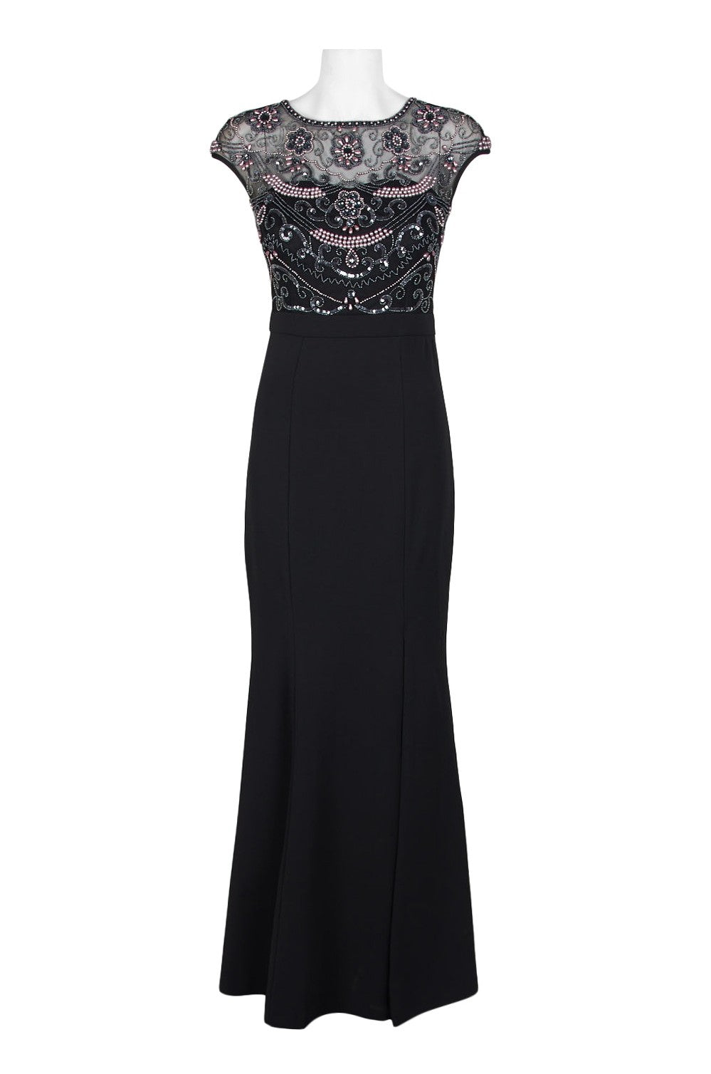 Aidan Mattox Black Pearly Beaded Cap Sleeve Bodice Gown | Elegant Evening Dress for Prom, Wedding & Special Occasions