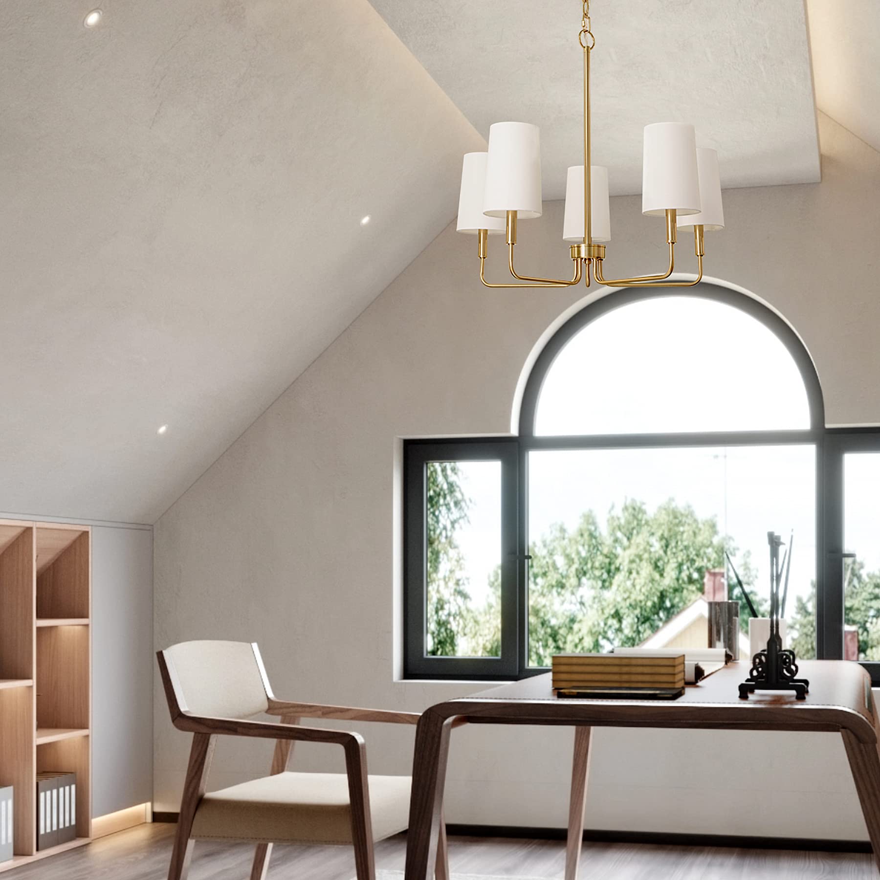 5-Light Brushed Brass Chandelier with White Fabric Shades - Farmhouse Linear Island Lighting Fixture for Kitchen, Dining Room & Entryway | Perfect for Rustic, Modern & Transitional Home Decor