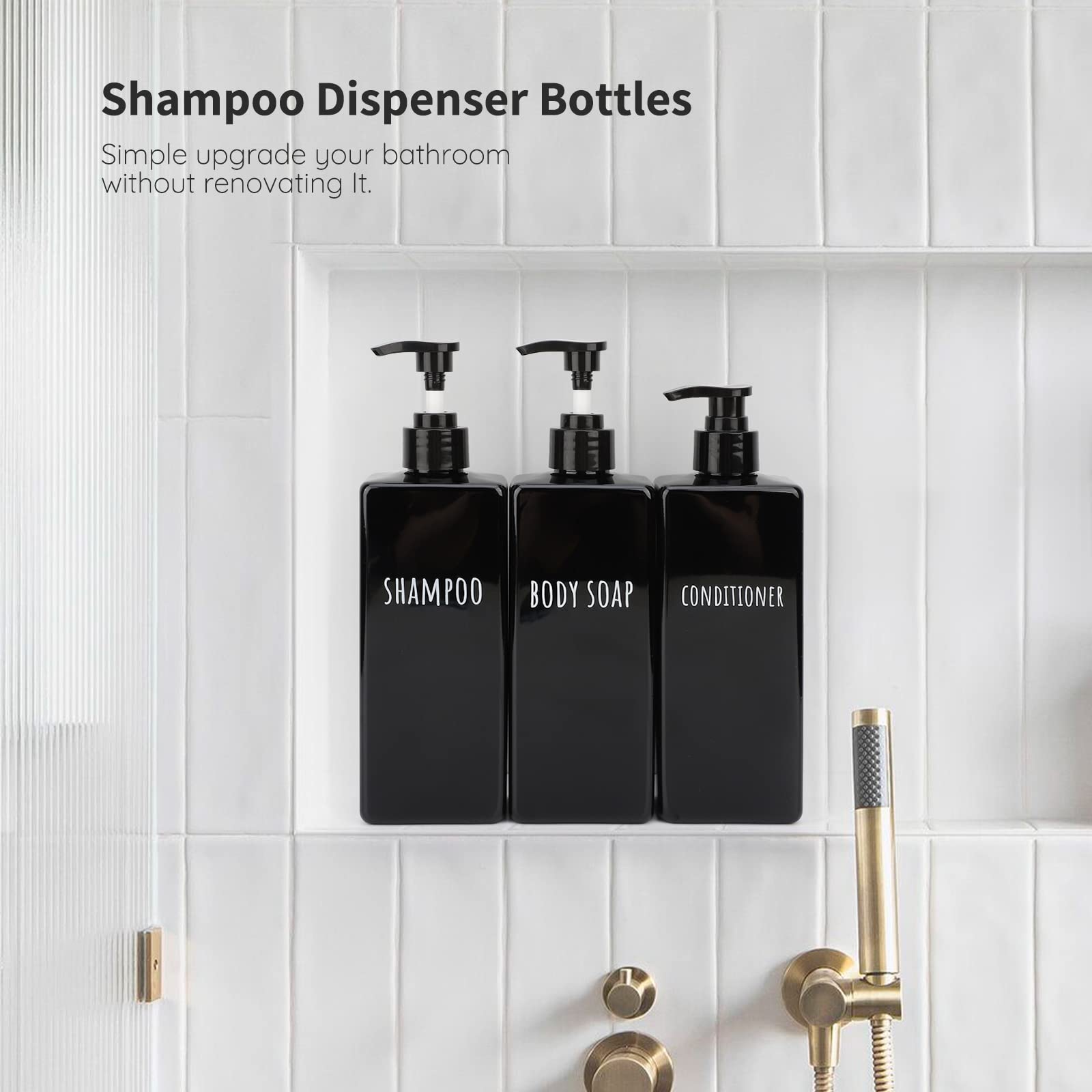 Segbeauty 3-Pack Square Soap Dispenser Set - 16.9oz (500ml) Refillable Black Plastic Pump Bottles for Shampoo, Conditioner, Body Wash & Lotion | Bathroom & Shower Organizer for Liquid Soap, Gel & Hair Care Products
