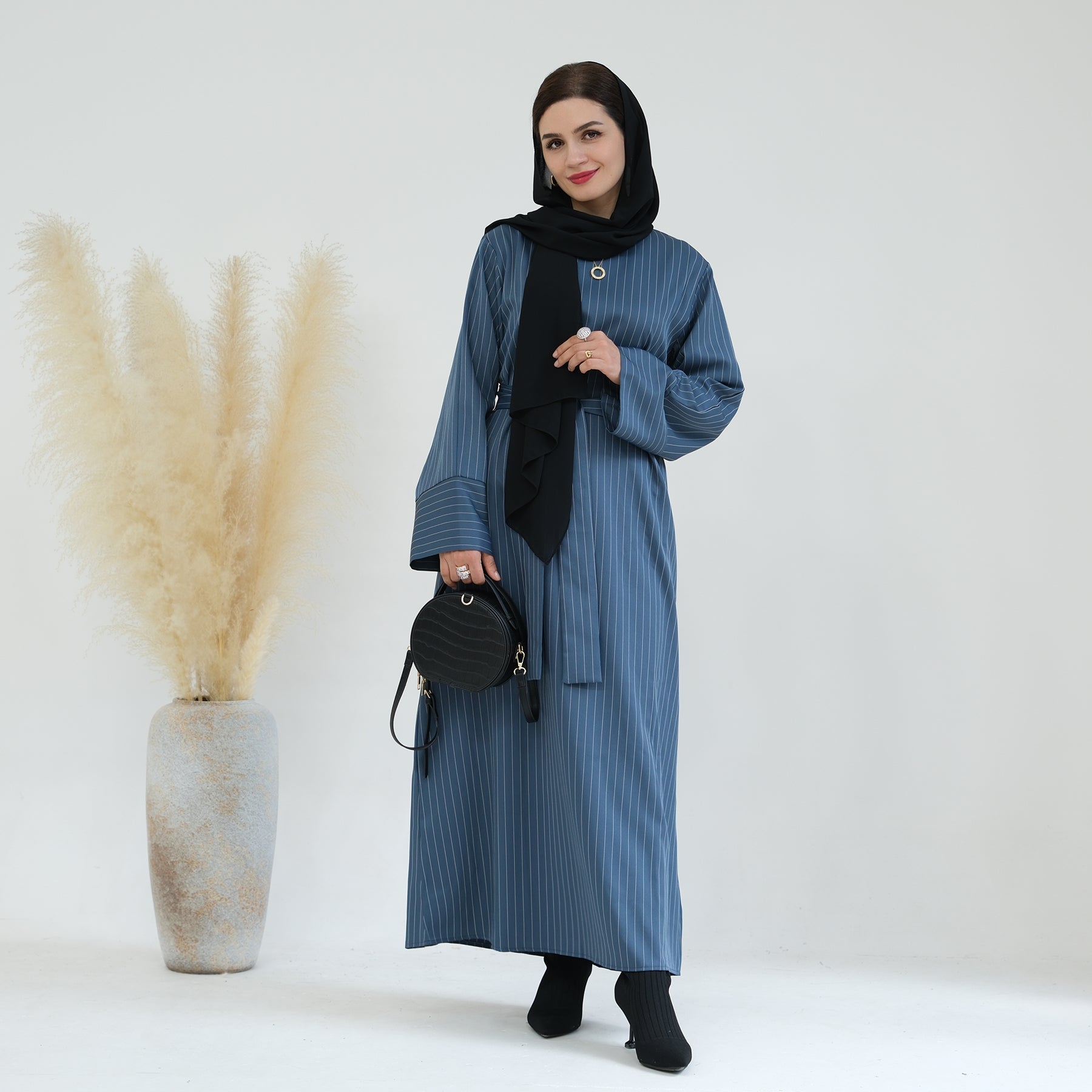 Janine Stripe Long Sleeve Belted Maxi Dress for Women - Flowy Blue Midi Dress with Belt, Elegant Casual & Party Wear, Perfect for Weddings, Date Nights and Summer Outings