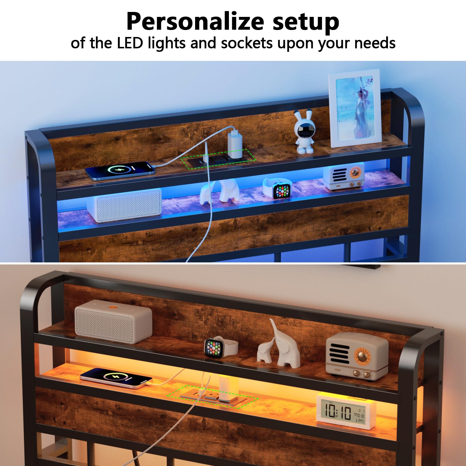 Twin Size Headboard with 2 Outlets & 2 USB Ports - Adjustable Charging Station & 2-Tier Storage Shelf - Rustic Brown Bed Headboard for Dorm, Bedroom, or Apartment - Sturdy & Functional Cabeceras de Cama