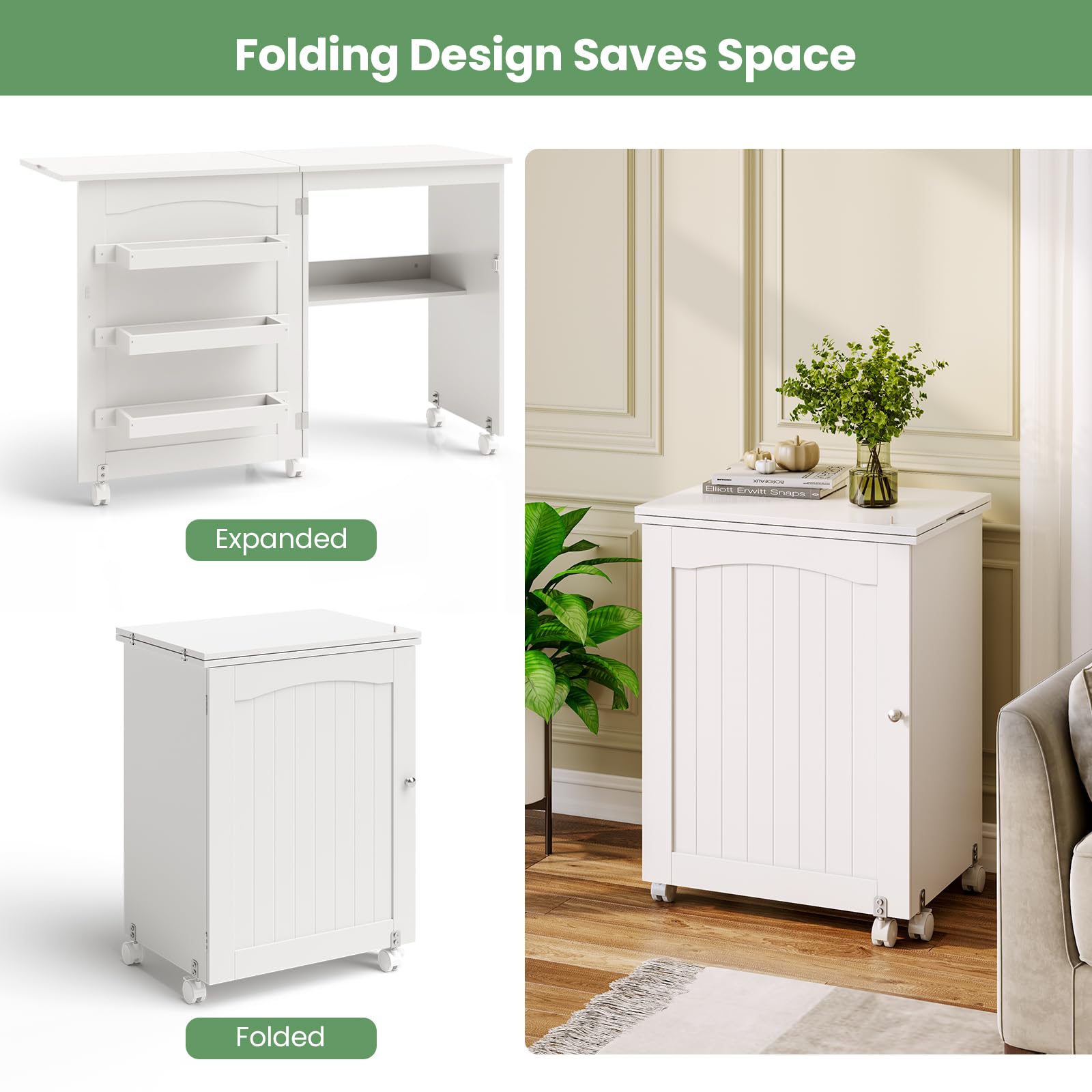 COSTWAY Folding Sewing Table with Lockable Wheels | Multipurpose Craft Station Desk & Display Cabinet with Storage Shelves | Rolling Sewing Machine Desk for Home & Apartment | Perfect for Quilting, DIY Projects & Small Space Organization (White)