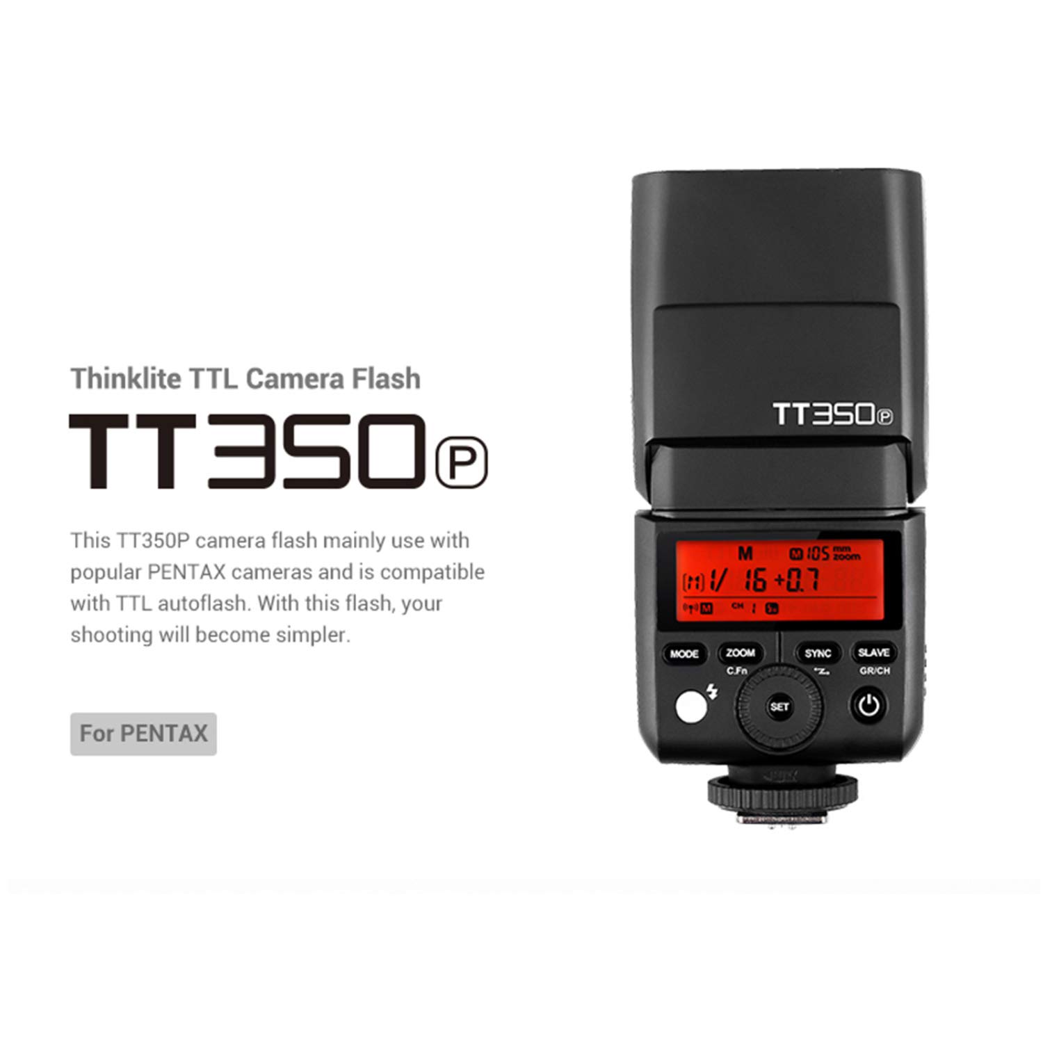 Godox TT350P 2.4G Wireless GN36 HSS 1/8000s TTL Speedlite Flash for Pentax 645Z, K-3II, K-1, KP, K-50, K-S2, K70 DSLR Cameras - Perfect for Wedding, Portrait & Outdoor Photography