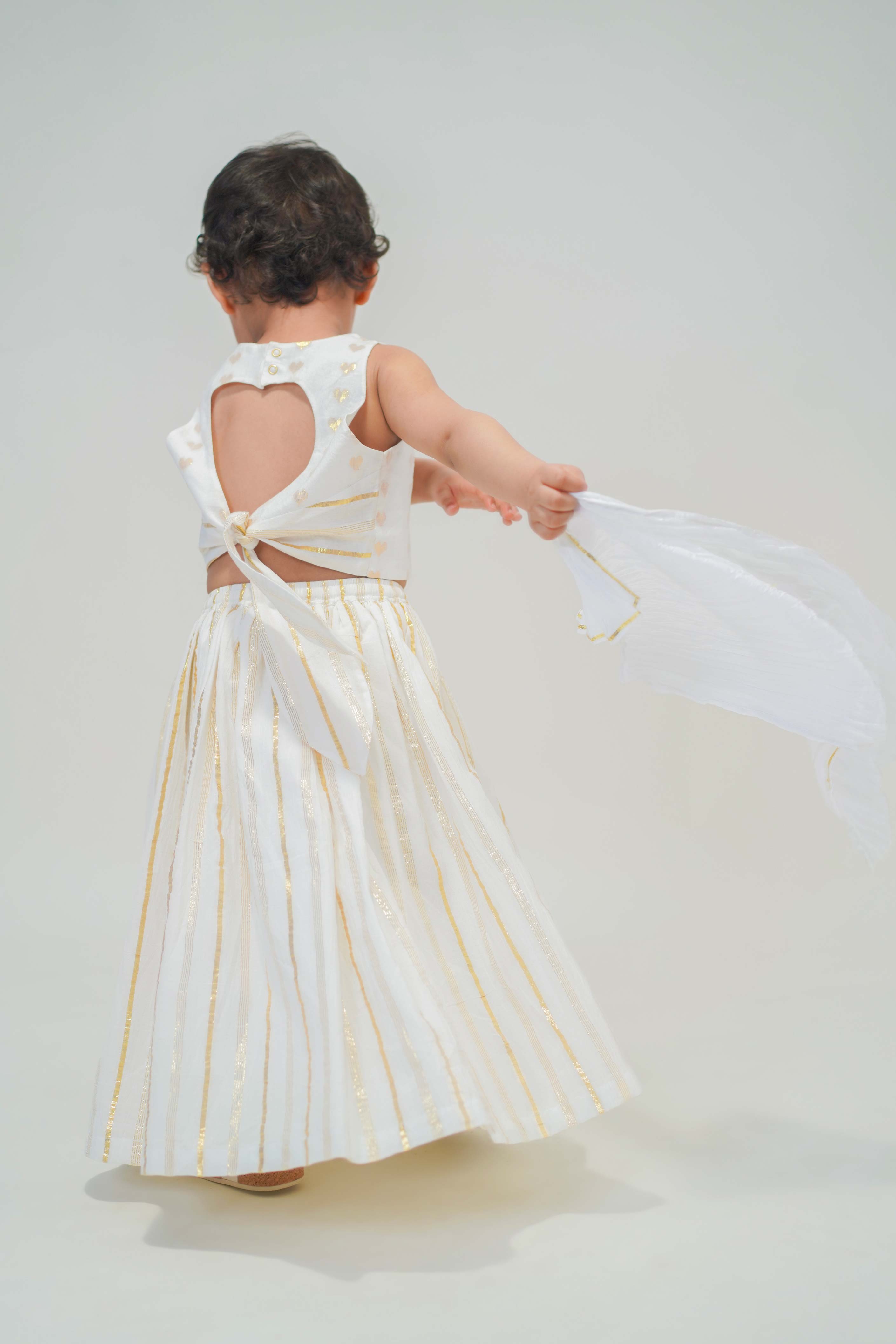 Golden Heart Embroidered Lehenga Choli Set for Girls - Elegant White Indian Traditional Dress for Weddings & Festivals