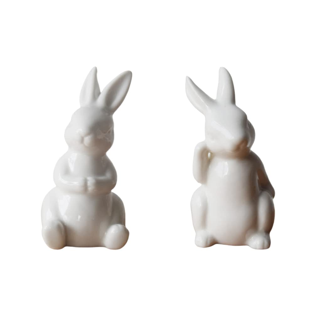 2pcs White Ceramic Easter Bunny Figurines - Cute Rabbit Statues for Home Decor, Easter Party Favors, Table Centerpiece, Gift for Lovers | Perfect for Spring Decor, Easter Crafts & Holiday Dining Table Ornaments